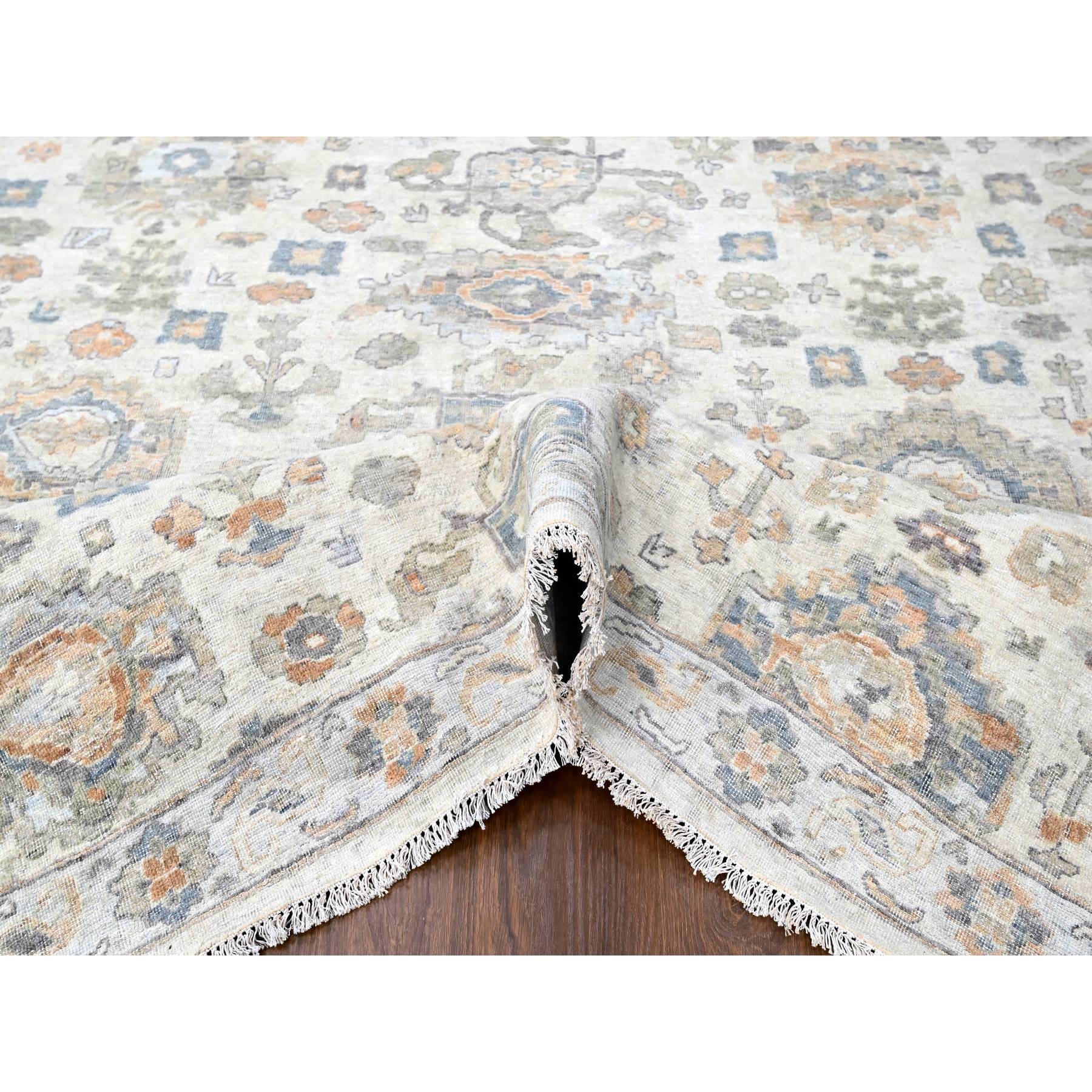 10'x13'10" Linen White, Distressed, Antiqued Persian with Ziegler Mahal Design, Oxidized, Zero Pile, Shaved Low, 100% Wool, Hand Knotted, Oriental Rug Sh10216