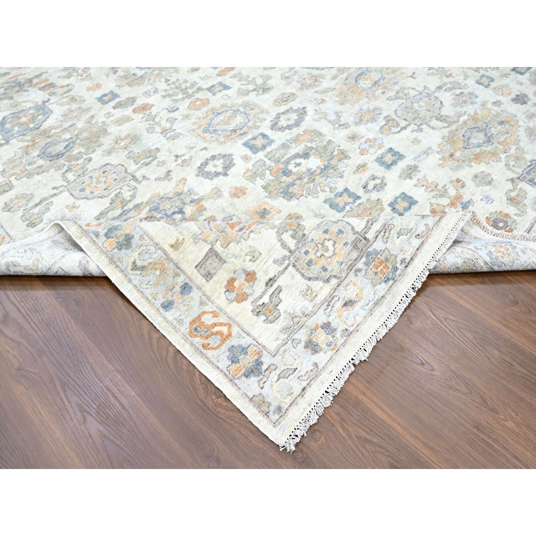 10'x13'10" Linen White, Distressed, Antiqued Persian with Ziegler Mahal Design, Oxidized, Zero Pile, Shaved Low, 100% Wool, Hand Knotted, Oriental Rug Sh10216