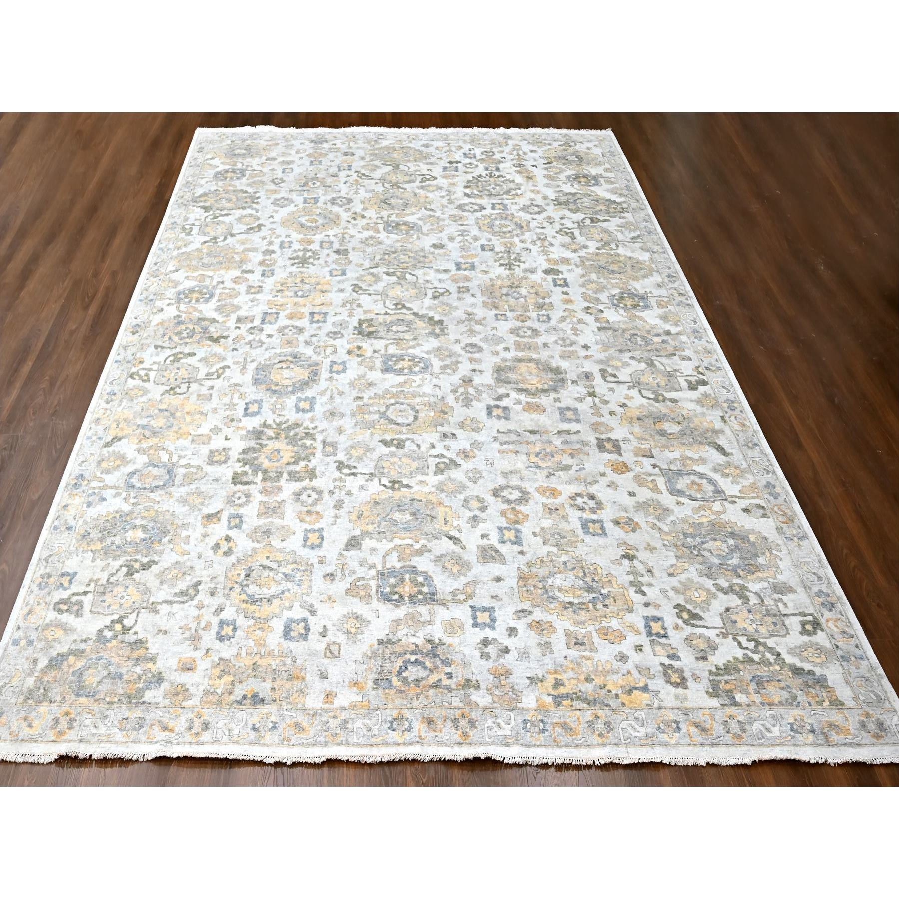 12'1"x15' Cloud Gray, Oxidized, Antiqued Persian with Ziegler Mahal Design, Distressed, Zero Pile, Shaved Low, Pure Wool, Hand Knotted, Oversized, Oriental Rug Sh10217