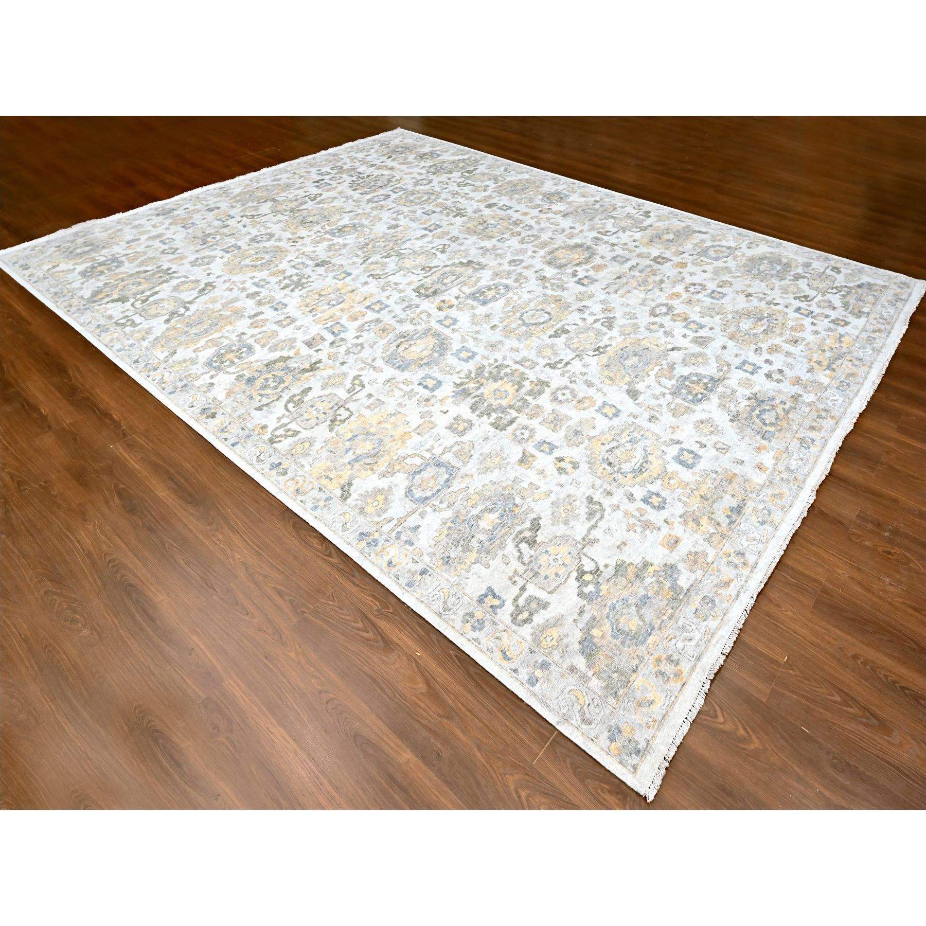 12'1"x15' Cloud Gray, Oxidized, Antiqued Persian with Ziegler Mahal Design, Distressed, Zero Pile, Shaved Low, Pure Wool, Hand Knotted, Oversized, Oriental Rug Sh10217
