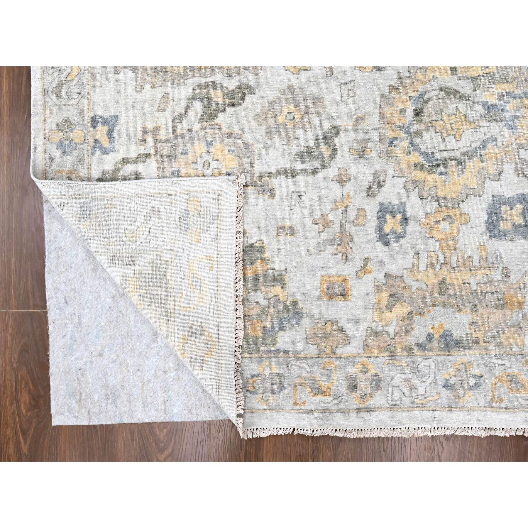 12'1"x15' Cloud Gray, Oxidized, Antiqued Persian with Ziegler Mahal Design, Distressed, Zero Pile, Shaved Low, Pure Wool, Hand Knotted, Oversized, Oriental Rug Sh10217