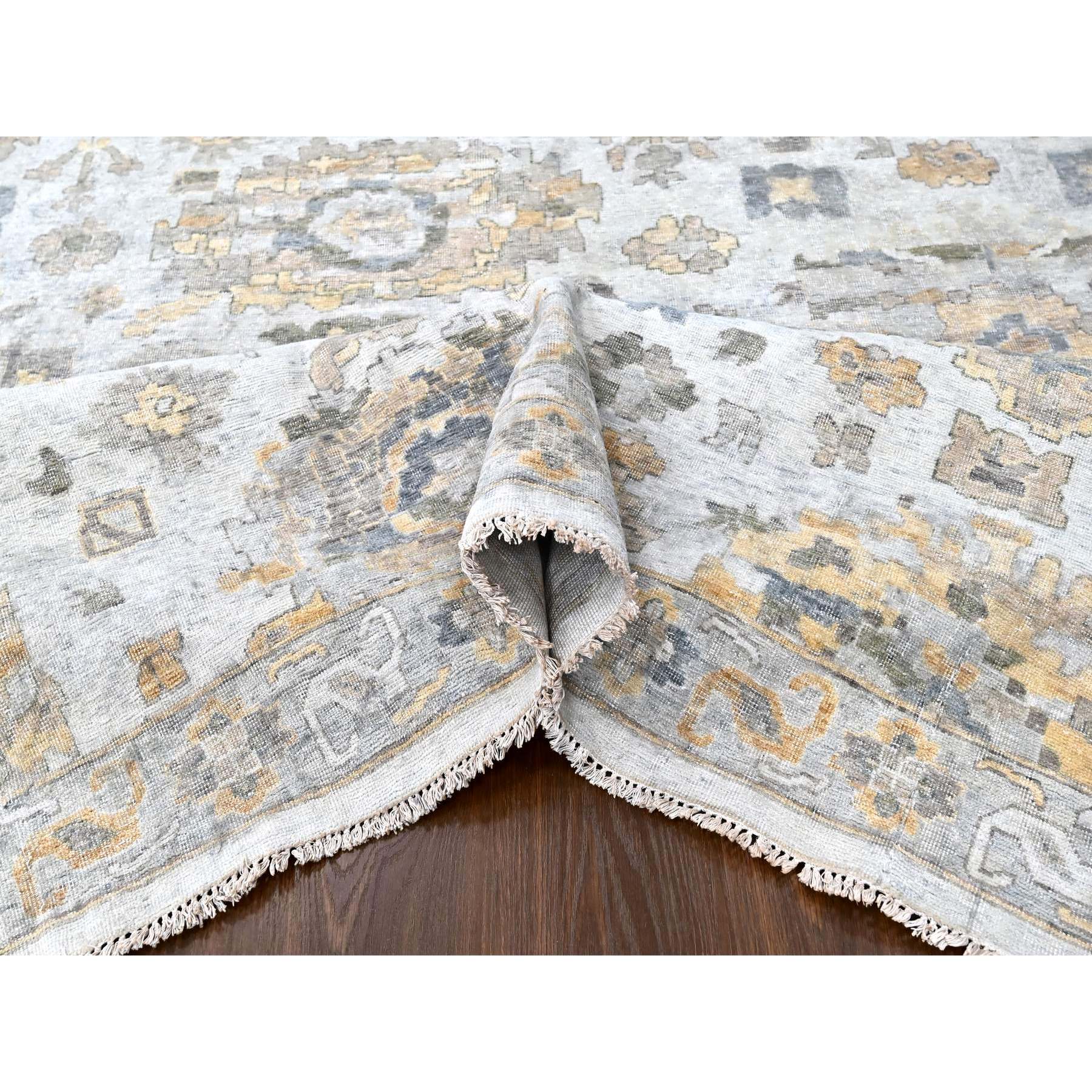 12'1"x15' Cloud Gray, Oxidized, Antiqued Persian with Ziegler Mahal Design, Distressed, Zero Pile, Shaved Low, Pure Wool, Hand Knotted, Oversized, Oriental Rug Sh10217