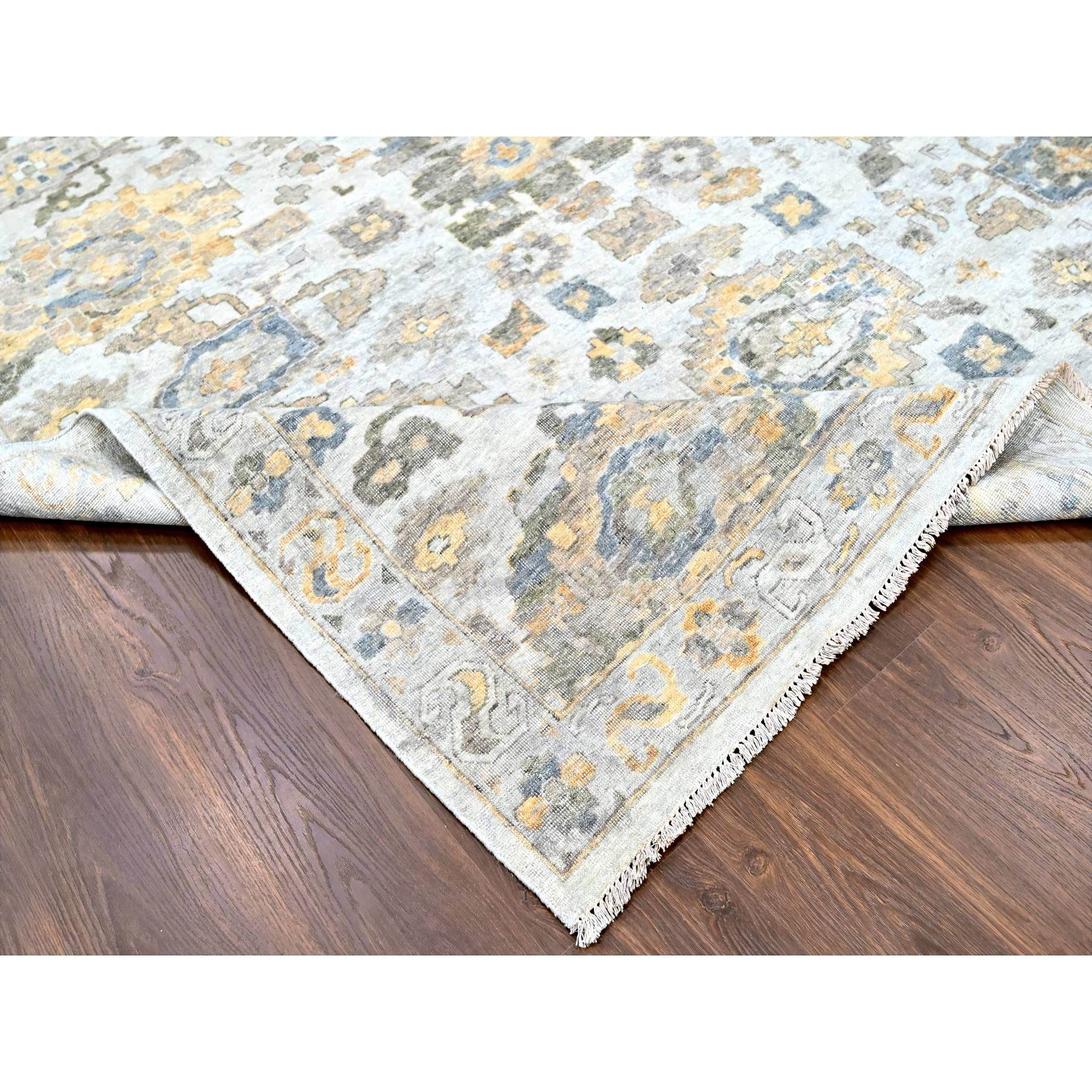 12'1"x15' Cloud Gray, Oxidized, Antiqued Persian with Ziegler Mahal Design, Distressed, Zero Pile, Shaved Low, Pure Wool, Hand Knotted, Oversized, Oriental Rug Sh10217