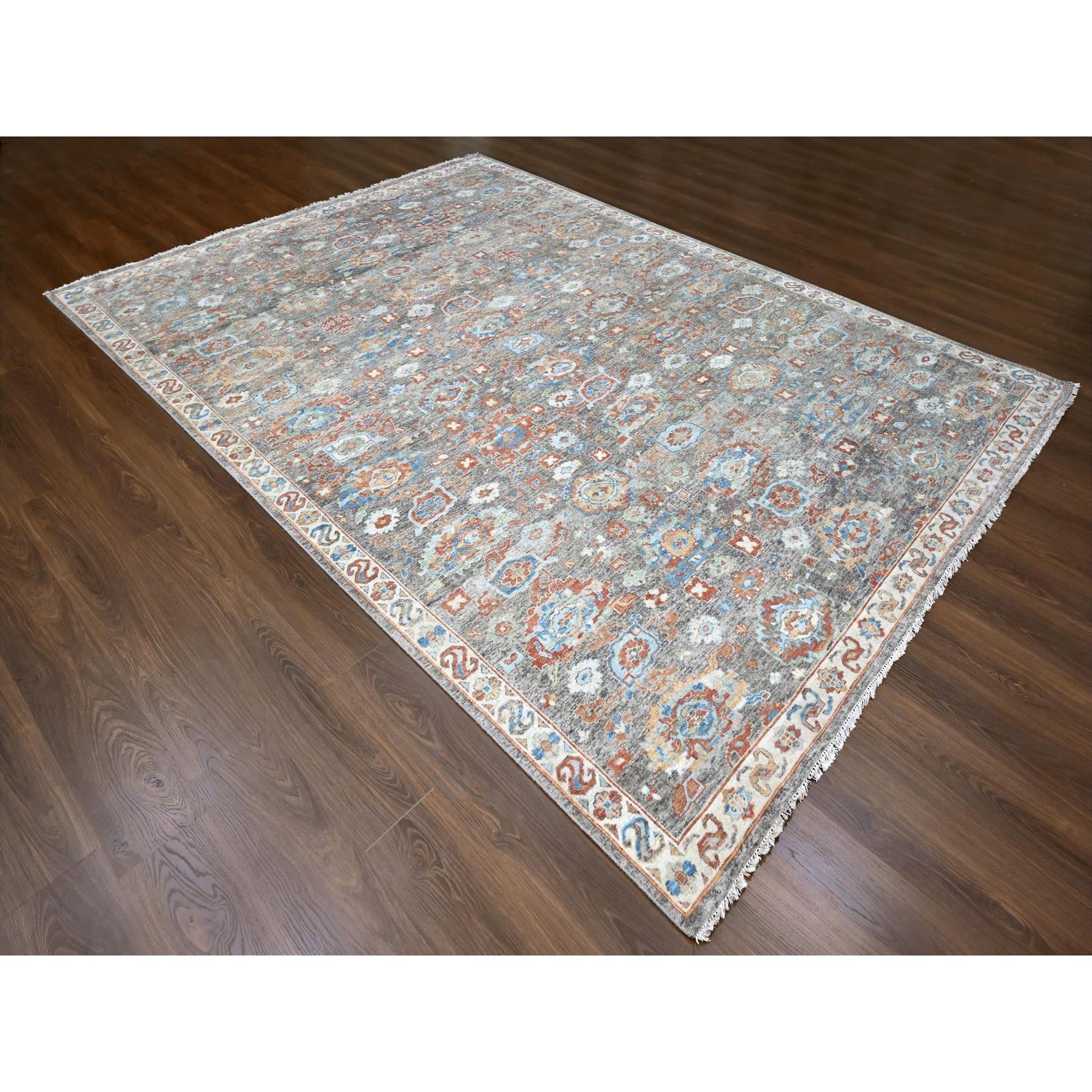 9'x11'10" Mocha Brown, Antiqued Persian with Ziegler Mahal Design, Oxidized, Zero Pile, Distressed, Shaved Low, 100% Wool, Hand Knotted, Oriental Rug Sh10218