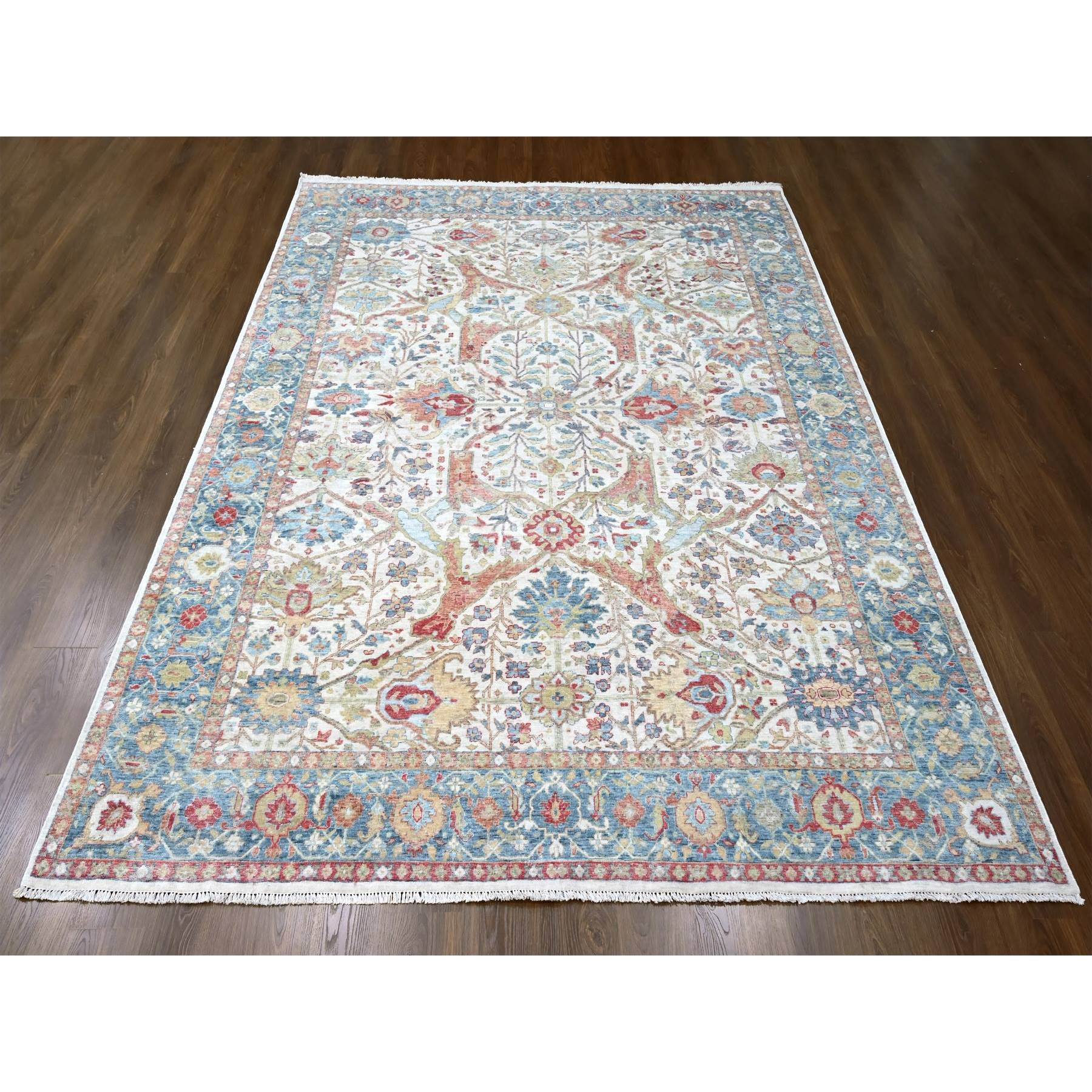 9'x12' Oyster White, Hand Knotted, Distressed, Antiqued Persian with Ziegler Mahal Design, Oxidized, Zero Pile, Shaved Low, 100% Wool, Oriental Rug Sh10220