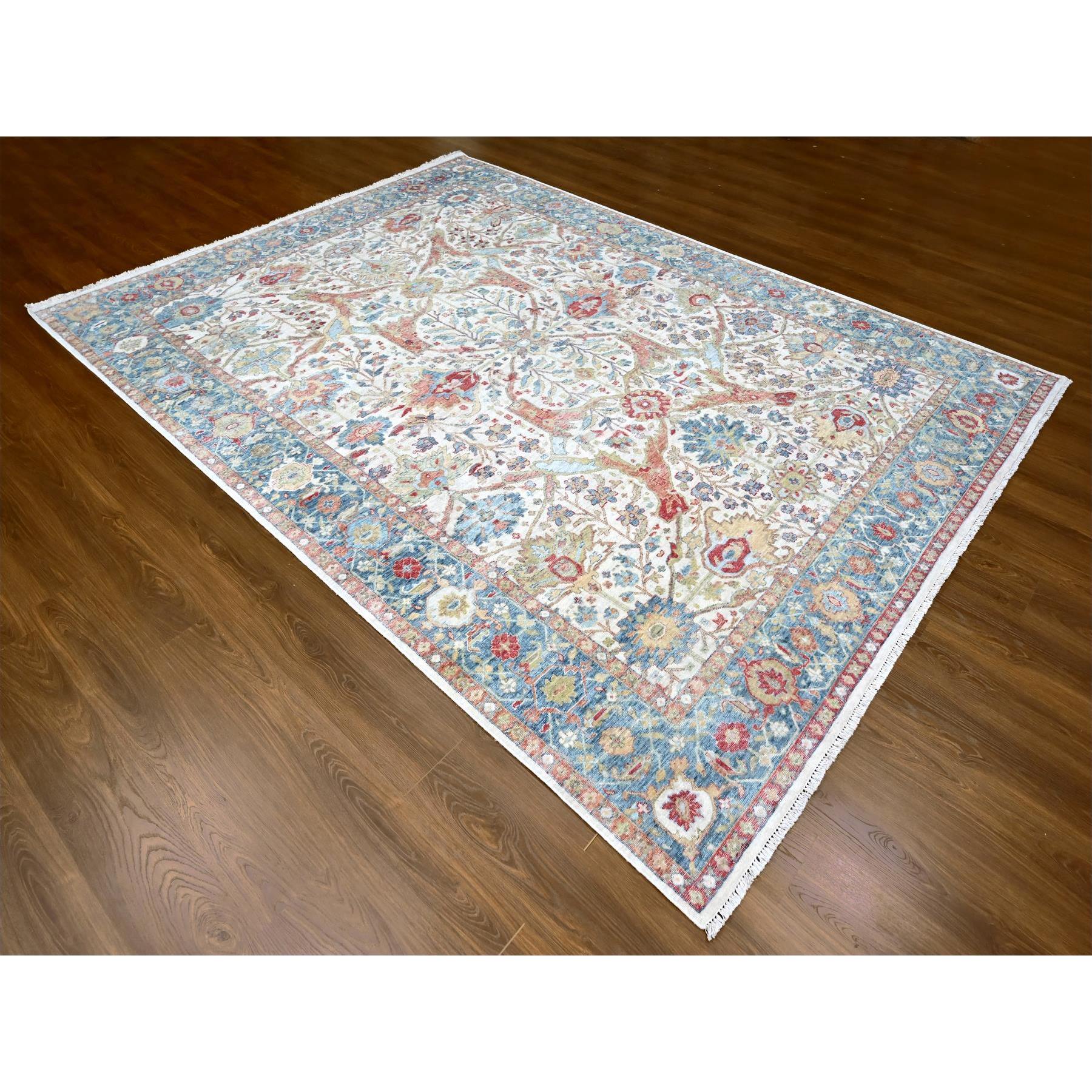 9'x12' Oyster White, Hand Knotted, Distressed, Antiqued Persian with Ziegler Mahal Design, Oxidized, Zero Pile, Shaved Low, 100% Wool, Oriental Rug Sh10220