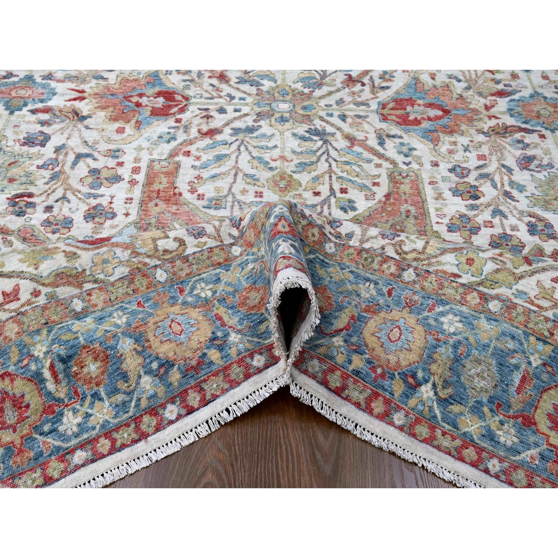 9'x12' Oyster White, Hand Knotted, Distressed, Antiqued Persian with Ziegler Mahal Design, Oxidized, Zero Pile, Shaved Low, 100% Wool, Oriental Rug Sh10220