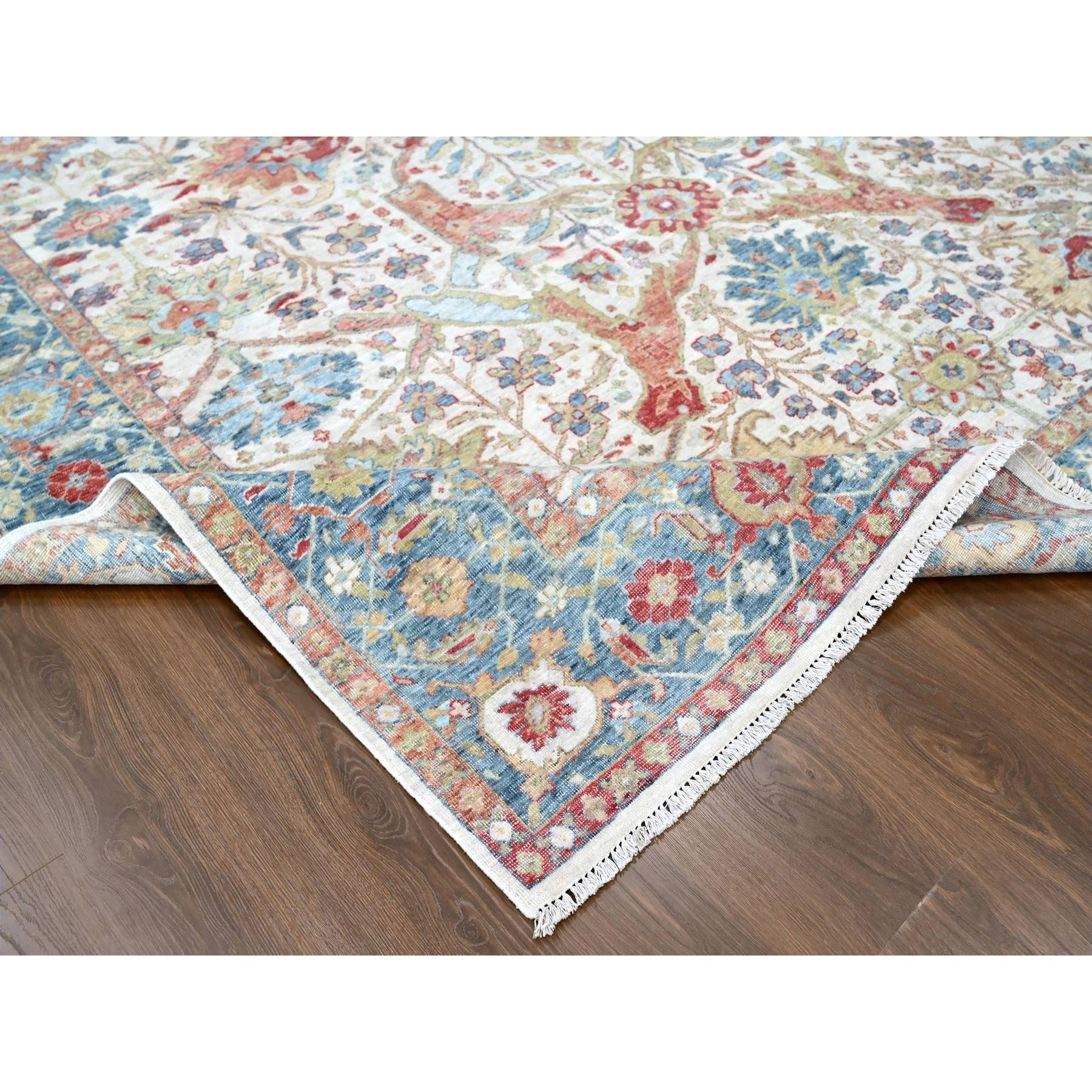 9'x12' Oyster White, Hand Knotted, Distressed, Antiqued Persian with Ziegler Mahal Design, Oxidized, Zero Pile, Shaved Low, 100% Wool, Oriental Rug Sh10220