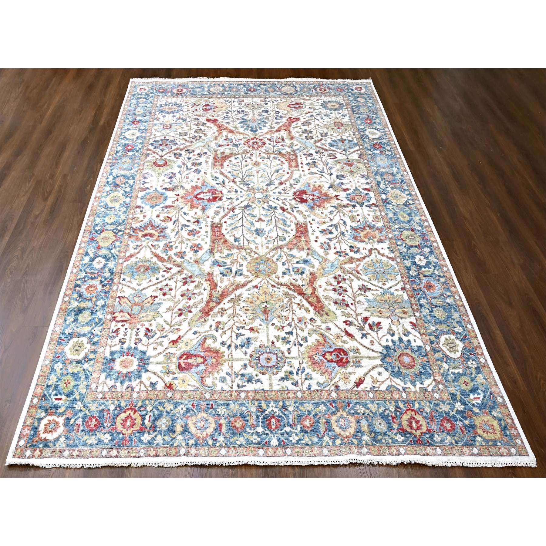 10'x14' Lace White, Antiqued Persian with Ziegler Mahal Design, Oxidized, Zero Pile, Distressed, Shaved Low, Pure Wool, Hand Knotted, Oriental Rug Sh10221
