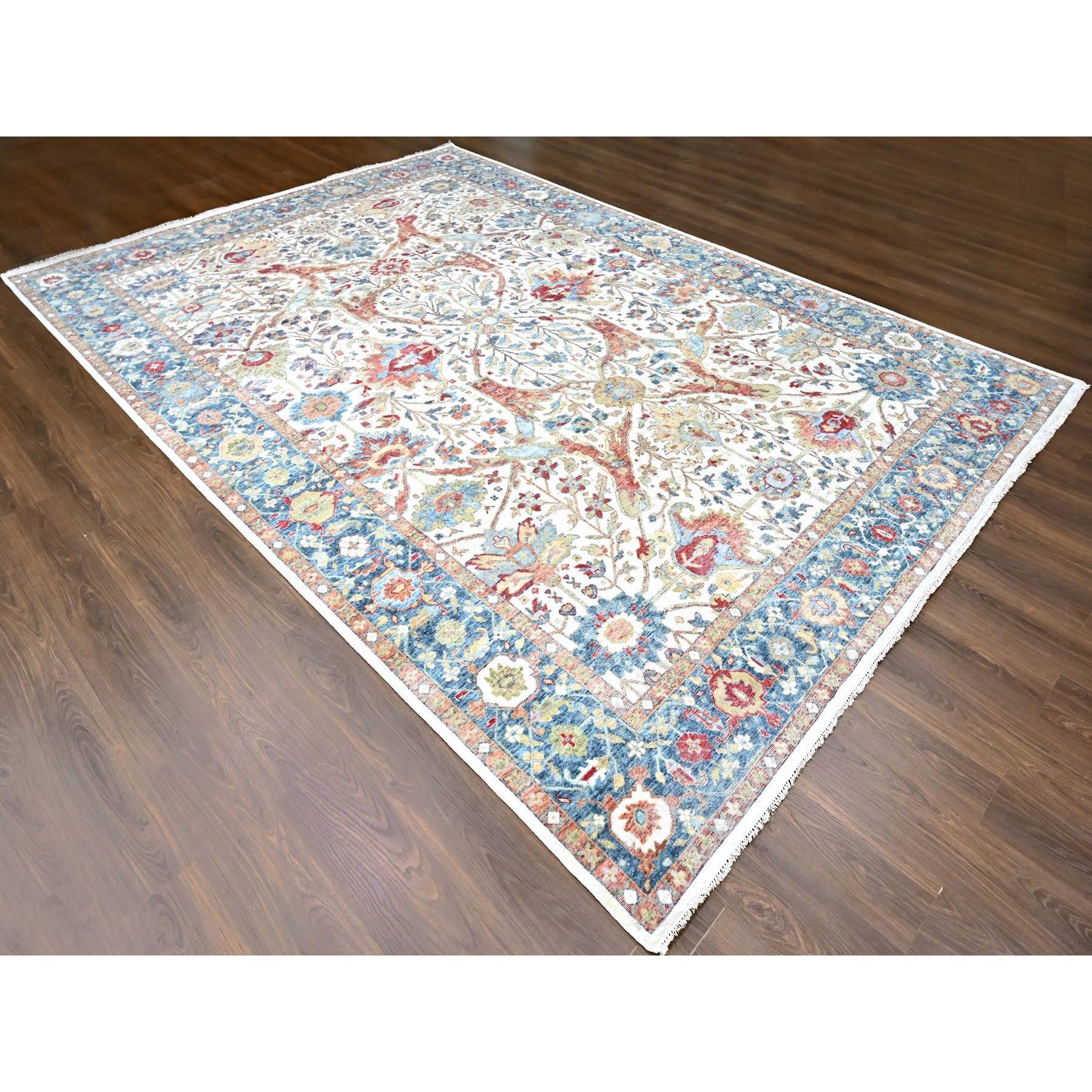 10'x14' Lace White, Antiqued Persian with Ziegler Mahal Design, Oxidized, Zero Pile, Distressed, Shaved Low, Pure Wool, Hand Knotted, Oriental Rug Sh10221