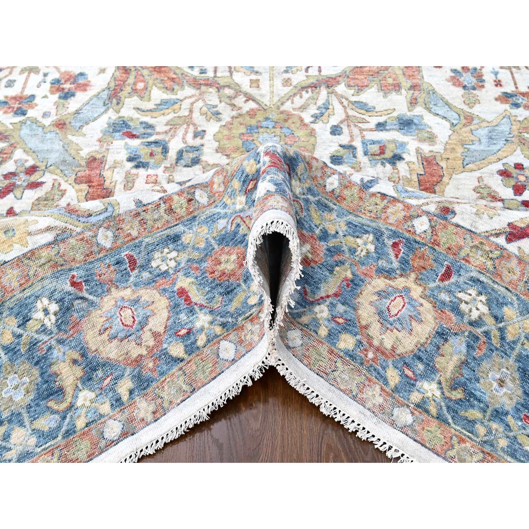 10'x14' Lace White, Antiqued Persian with Ziegler Mahal Design, Oxidized, Zero Pile, Distressed, Shaved Low, Pure Wool, Hand Knotted, Oriental Rug Sh10221