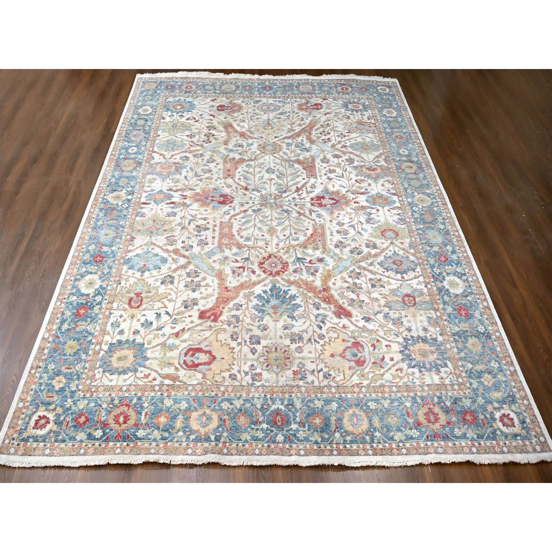 12'x15' Pearl White, 100% Wool, Hand Knotted, Antiqued Persian with Ziegler Mahal Design, Distressed, Oxidized, Zero Pile, Shaved Low, Oversized, Oriental Rug Sh10222