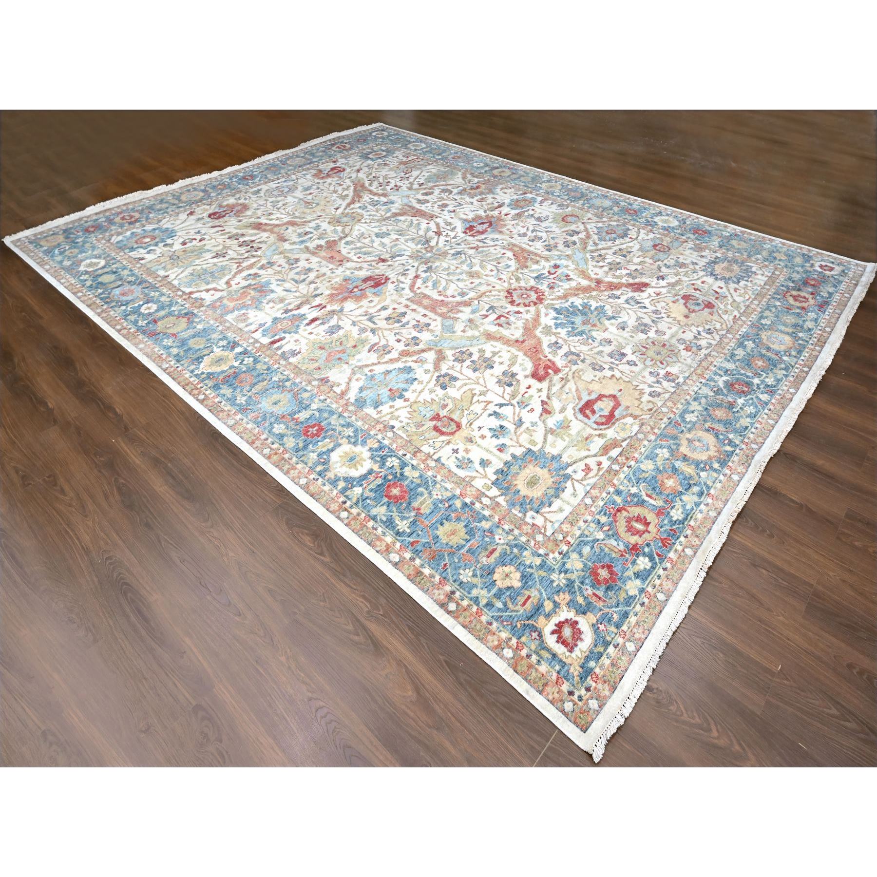 12'x15' Pearl White, 100% Wool, Hand Knotted, Antiqued Persian with Ziegler Mahal Design, Distressed, Oxidized, Zero Pile, Shaved Low, Oversized, Oriental Rug Sh10222
