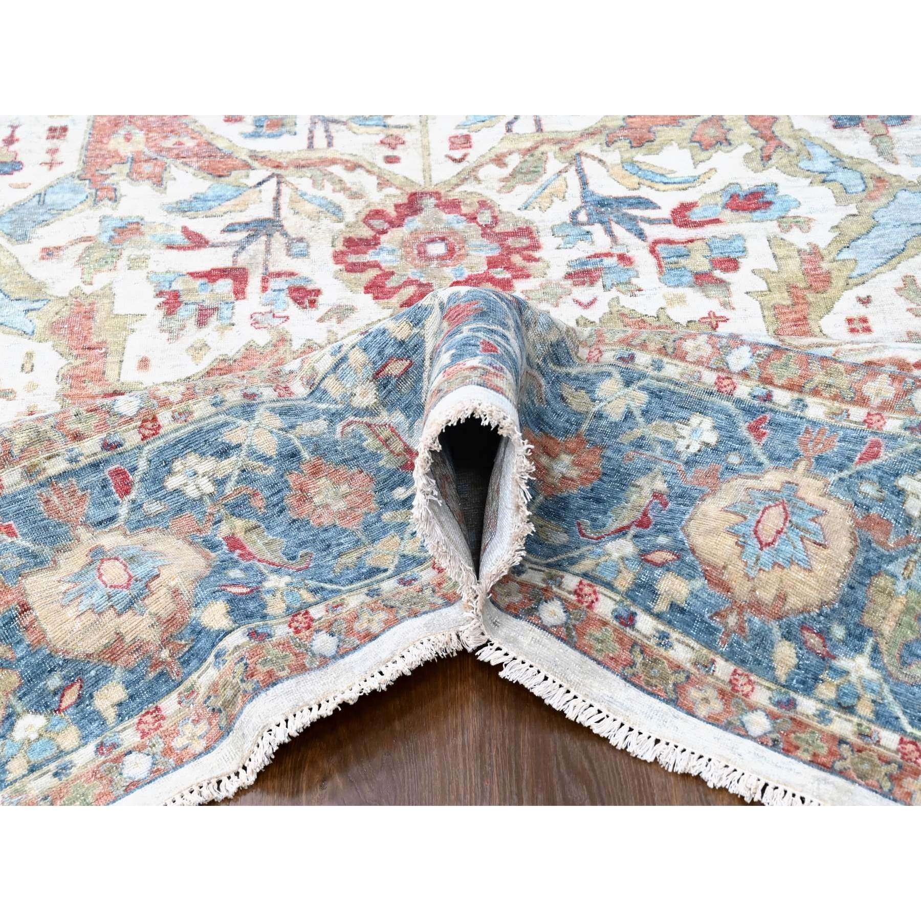 12'x15' Pearl White, 100% Wool, Hand Knotted, Antiqued Persian with Ziegler Mahal Design, Distressed, Oxidized, Zero Pile, Shaved Low, Oversized, Oriental Rug Sh10222