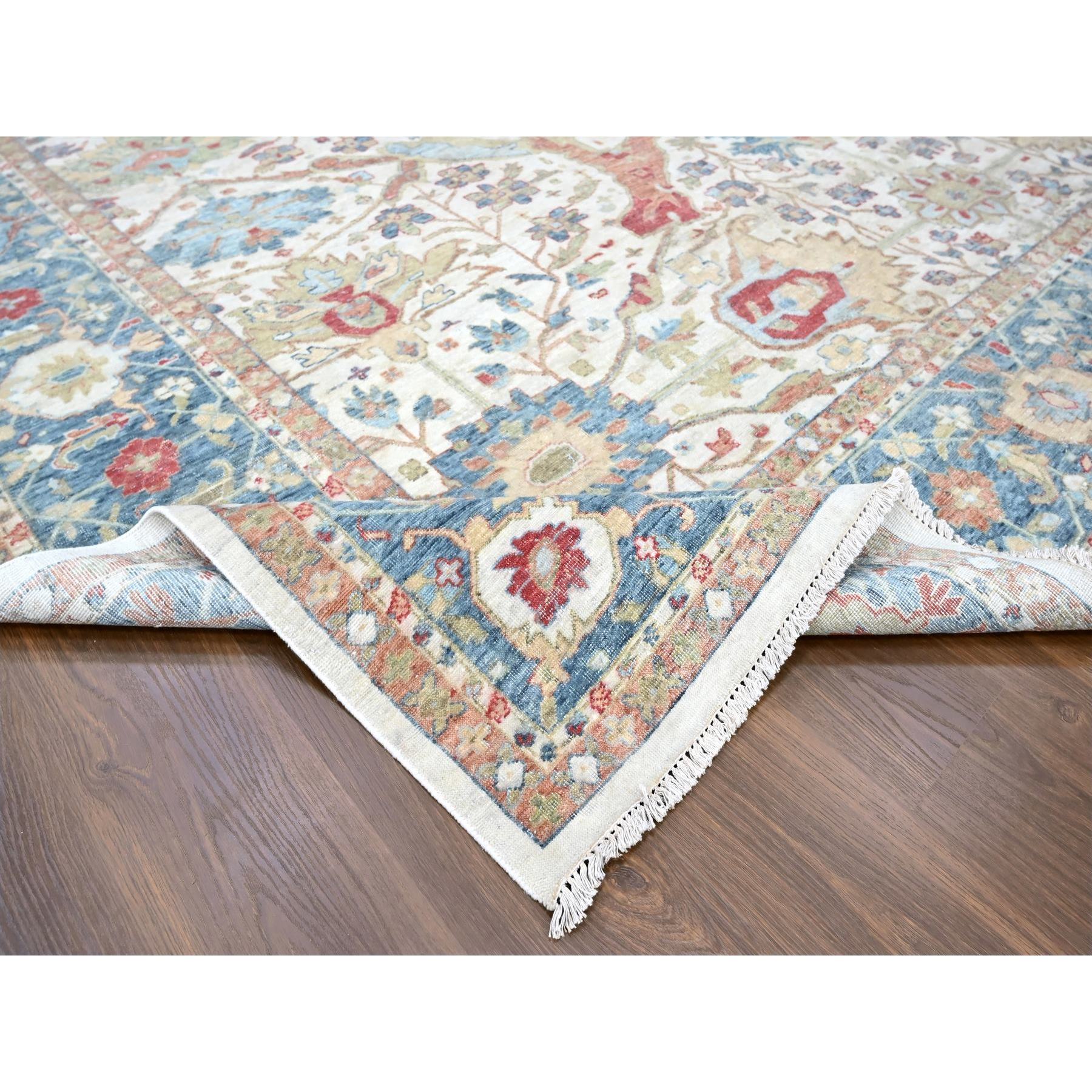 12'x15' Pearl White, 100% Wool, Hand Knotted, Antiqued Persian with Ziegler Mahal Design, Distressed, Oxidized, Zero Pile, Shaved Low, Oversized, Oriental Rug Sh10222