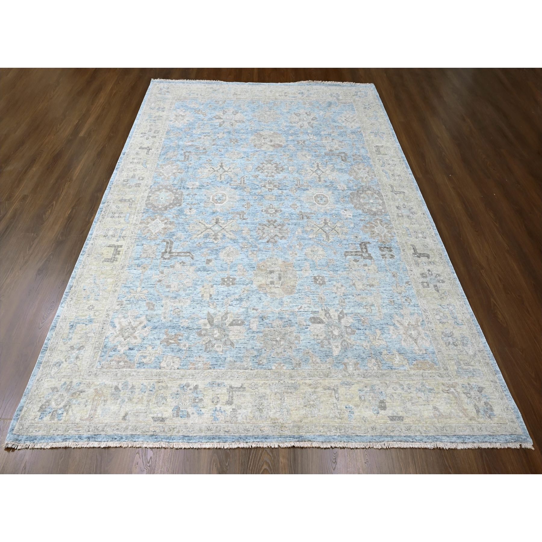 9'x12' Ruddy Blue, Antiqued Persian with Ziegler Mahal Design, Hand Knotted, Distressed, Oxidized, Zero Pile, Shaved Low, Pure Wool, Oriental Rug Sh10223
