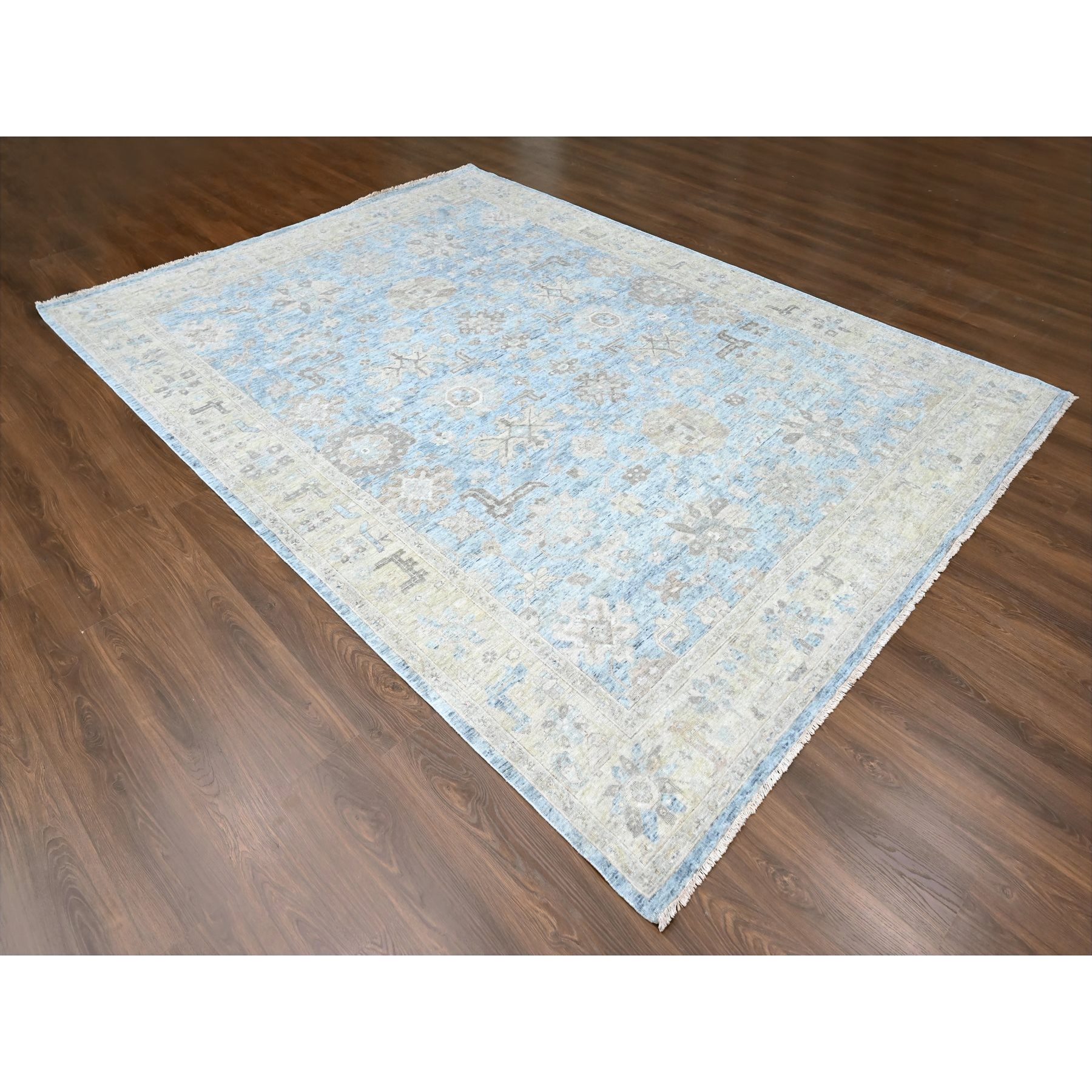 9'x12' Ruddy Blue, Antiqued Persian with Ziegler Mahal Design, Hand Knotted, Distressed, Oxidized, Zero Pile, Shaved Low, Pure Wool, Oriental Rug Sh10223