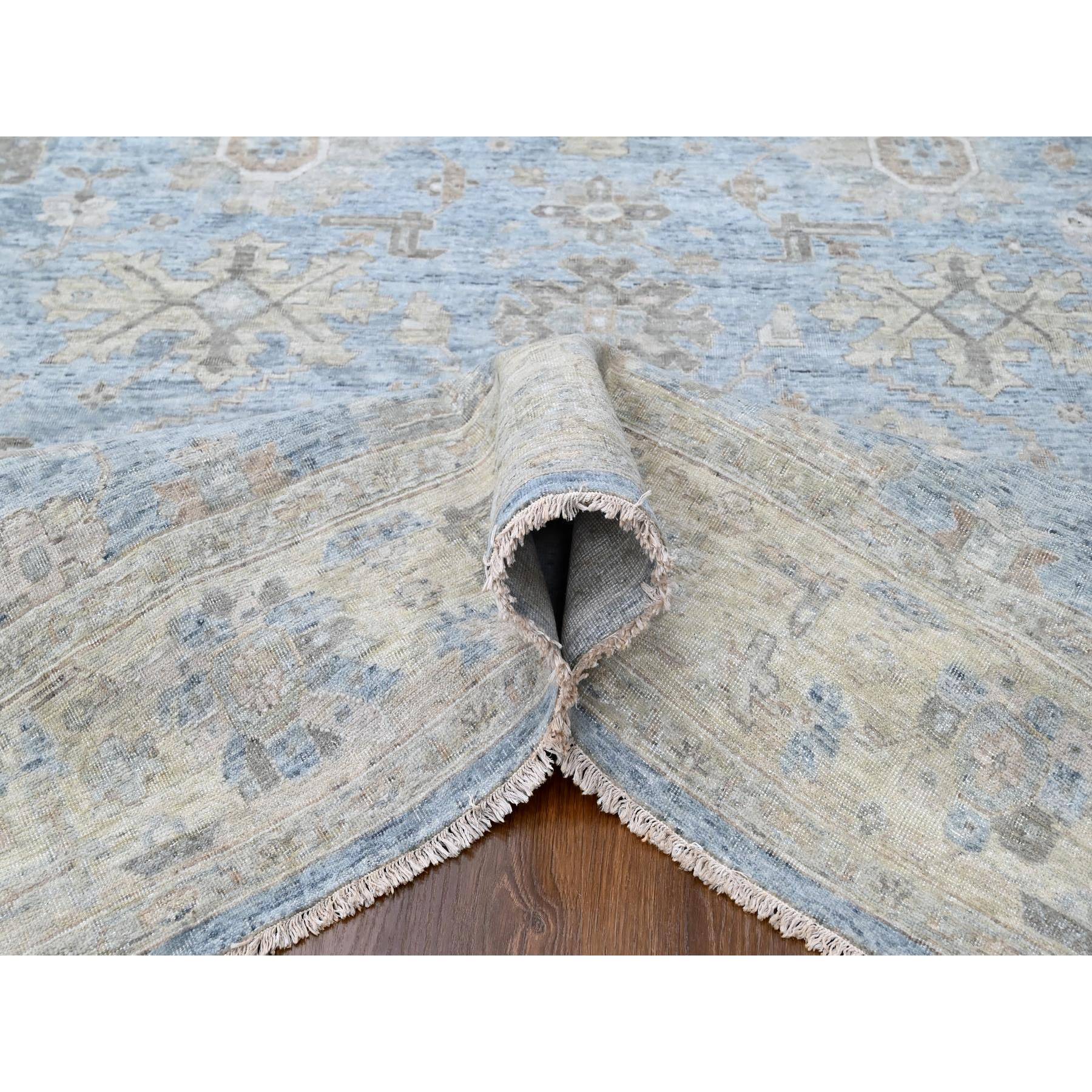 9'x12' Ruddy Blue, Antiqued Persian with Ziegler Mahal Design, Hand Knotted, Distressed, Oxidized, Zero Pile, Shaved Low, Pure Wool, Oriental Rug Sh10223