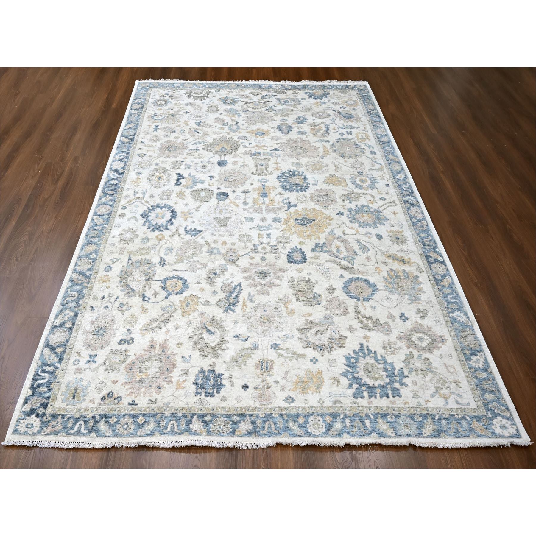 9'x12'1" Lace White, Antiqued Persian with Ziegler Mahal Design, Distressed, Oxidized, Zero Pile, Shaved Low, Pure Wool, Hand Knotted, Oriental Rug Sh10224