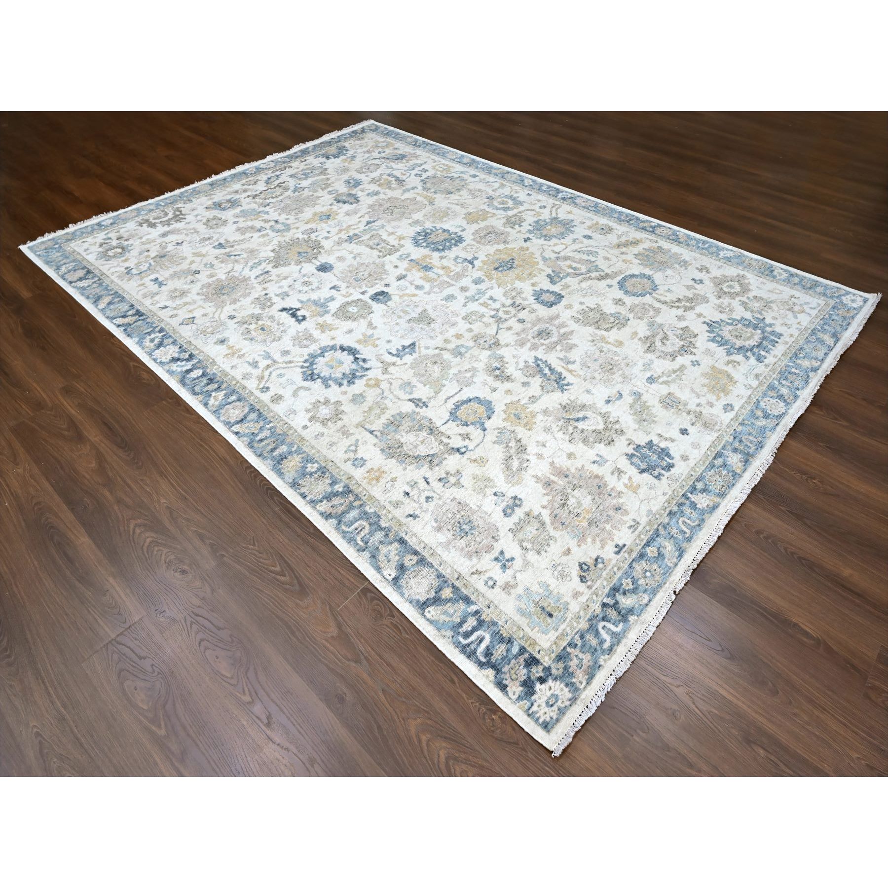 9'x12'1" Lace White, Antiqued Persian with Ziegler Mahal Design, Distressed, Oxidized, Zero Pile, Shaved Low, Pure Wool, Hand Knotted, Oriental Rug Sh10224