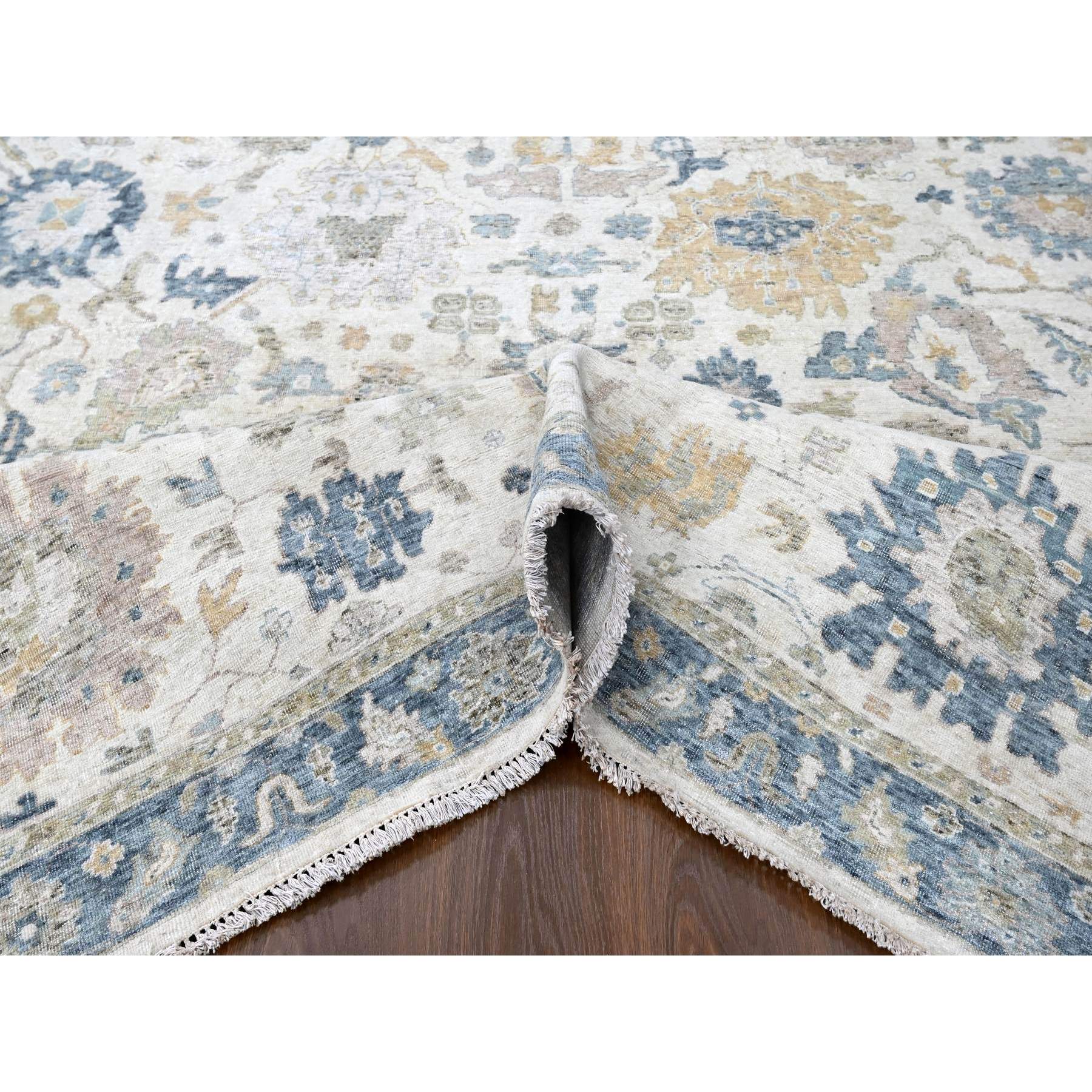 9'x12'1" Lace White, Antiqued Persian with Ziegler Mahal Design, Distressed, Oxidized, Zero Pile, Shaved Low, Pure Wool, Hand Knotted, Oriental Rug Sh10224