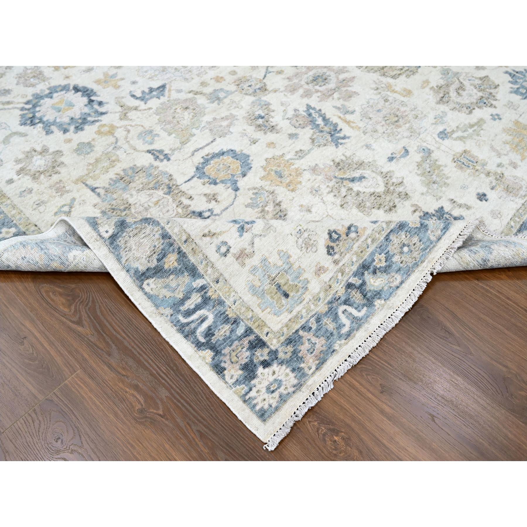 9'x12'1" Lace White, Antiqued Persian with Ziegler Mahal Design, Distressed, Oxidized, Zero Pile, Shaved Low, Pure Wool, Hand Knotted, Oriental Rug Sh10224