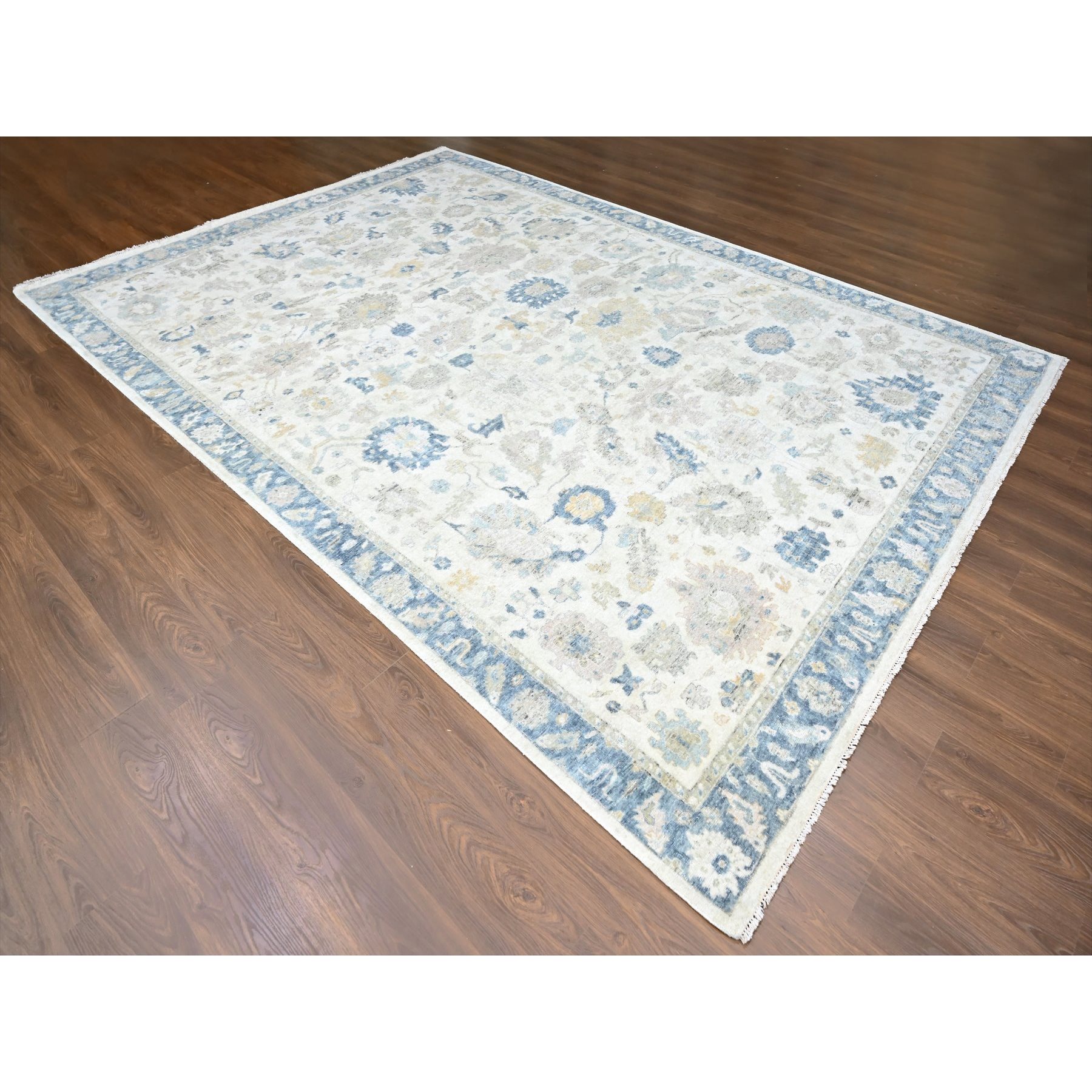 10'x13'9" Chiffon White, Hand Knotted, Distressed, Antiqued Persian with Ziegler Mahal Design, Oxidized, Zero Pile, Shaved Low, Pure Wool, Oriental Rug Sh10225