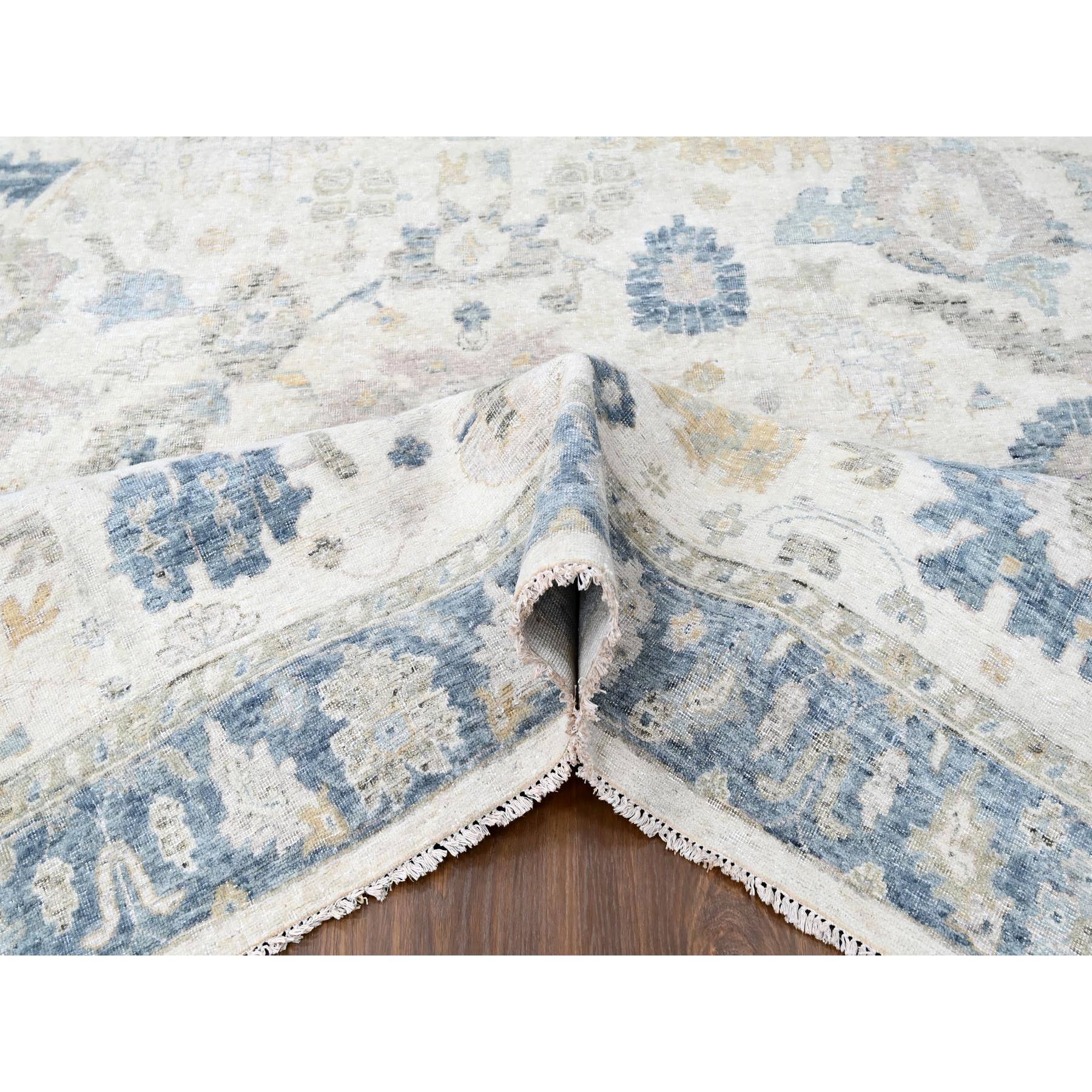 10'x13'9" Chiffon White, Hand Knotted, Distressed, Antiqued Persian with Ziegler Mahal Design, Oxidized, Zero Pile, Shaved Low, Pure Wool, Oriental Rug Sh10225