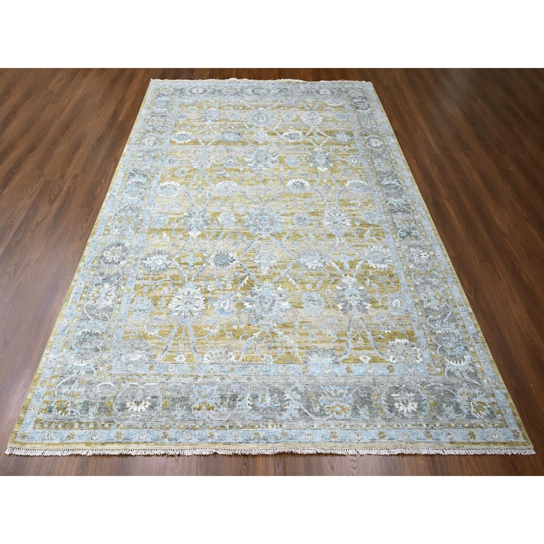 9'x11'10" Biscotti Brown, Distressed with Abrash, Antiqued Persian with Ziegler Mahal Design, Oxidized, Zero Pile, Shaved Low, 100% Wool, Hand Knotted, Oriental Rug Sh10226