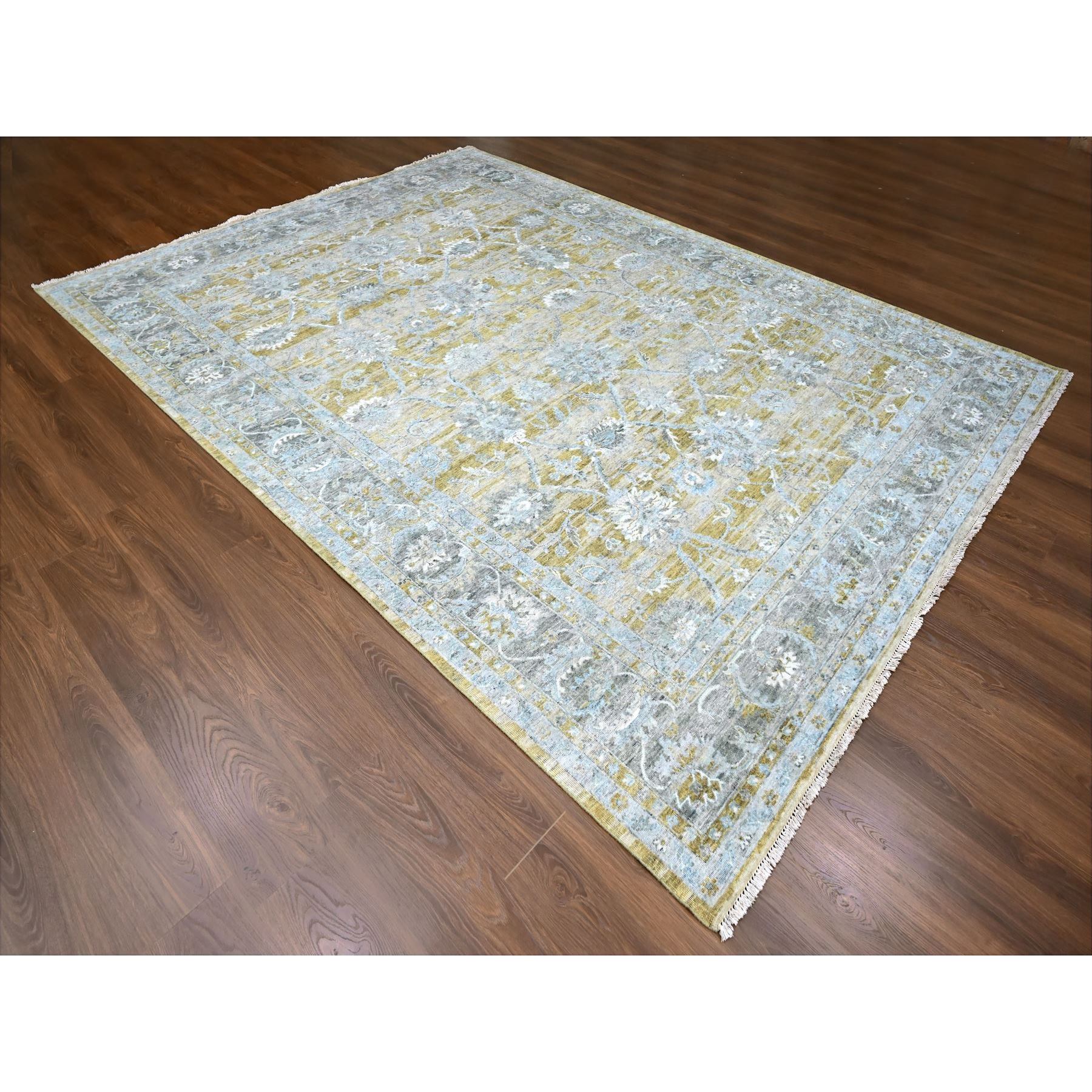 9'x11'10" Biscotti Brown, Distressed with Abrash, Antiqued Persian with Ziegler Mahal Design, Oxidized, Zero Pile, Shaved Low, 100% Wool, Hand Knotted, Oriental Rug Sh10226