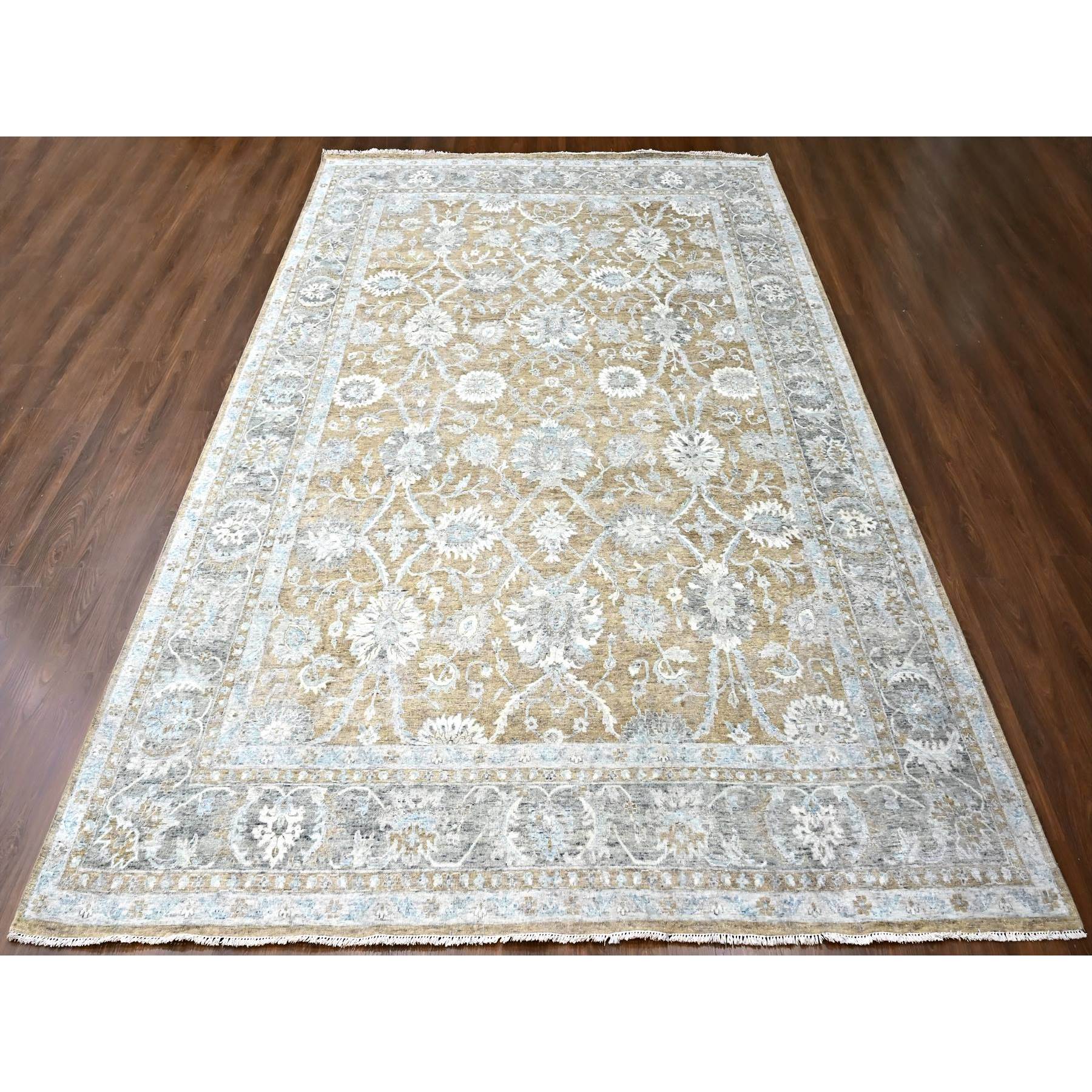10'1"x14' Almond Brown, Antiqued Persian with Ziegler Mahal Design, Oxidized, Distressed, Zero Pile, Shaved Low, Pure Wool, Hand Knotted, Oriental Rug Sh10227