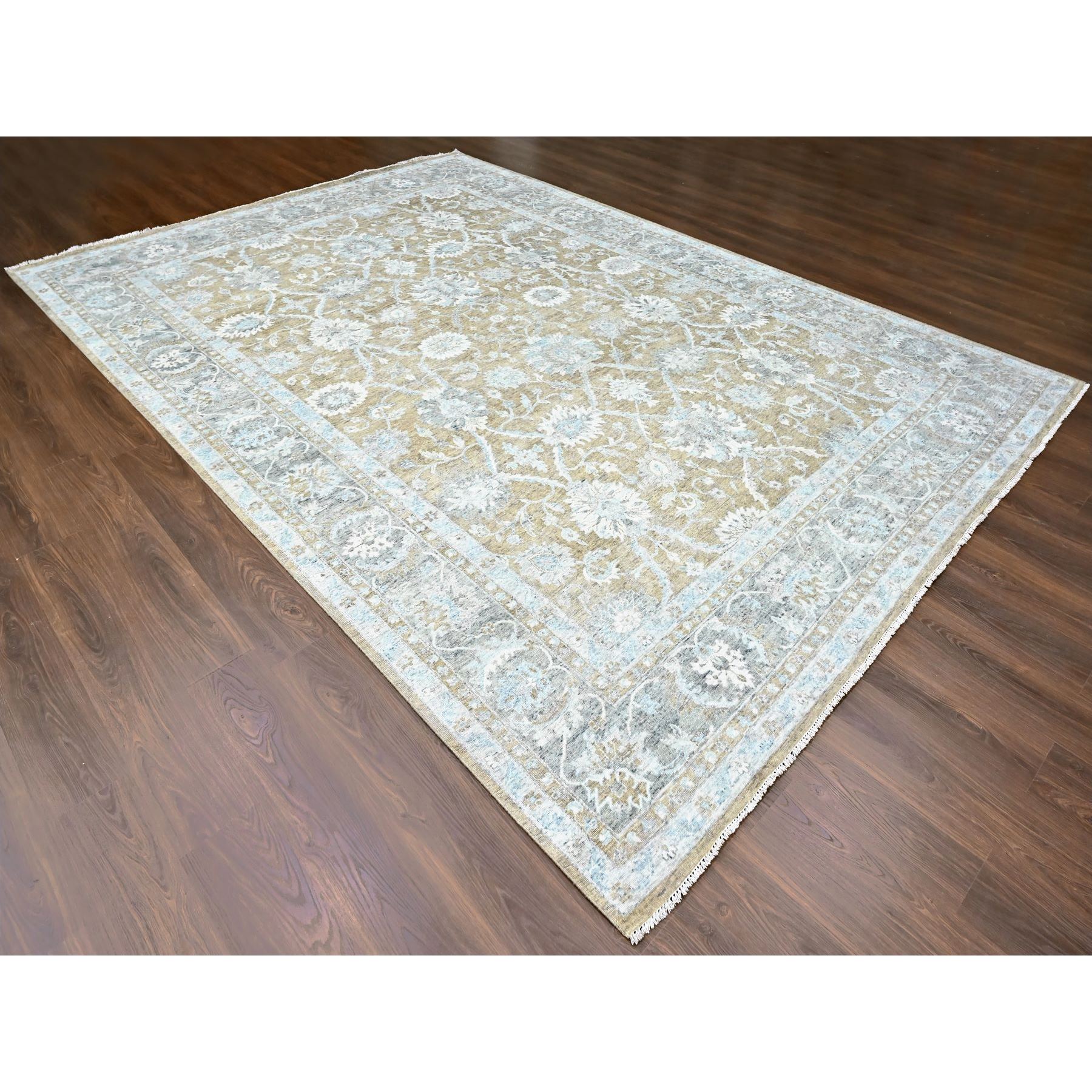 10'1"x14' Almond Brown, Antiqued Persian with Ziegler Mahal Design, Oxidized, Distressed, Zero Pile, Shaved Low, Pure Wool, Hand Knotted, Oriental Rug Sh10227