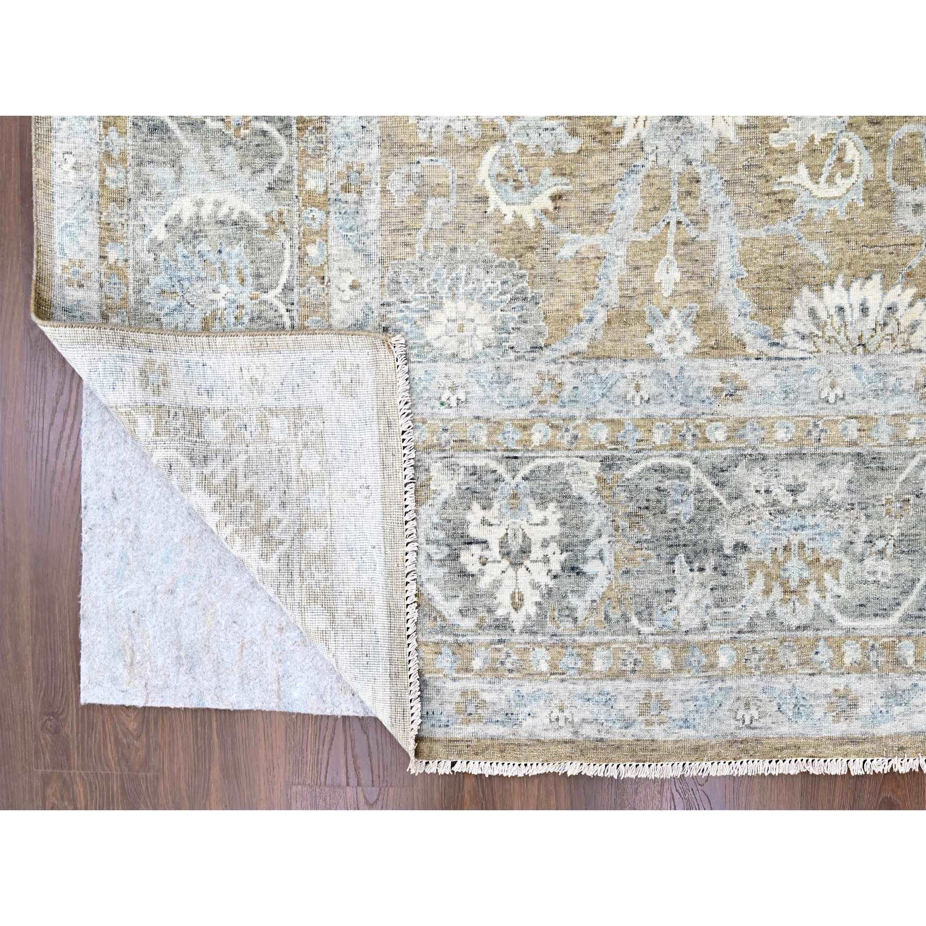 10'1"x14' Almond Brown, Antiqued Persian with Ziegler Mahal Design, Oxidized, Distressed, Zero Pile, Shaved Low, Pure Wool, Hand Knotted, Oriental Rug Sh10227