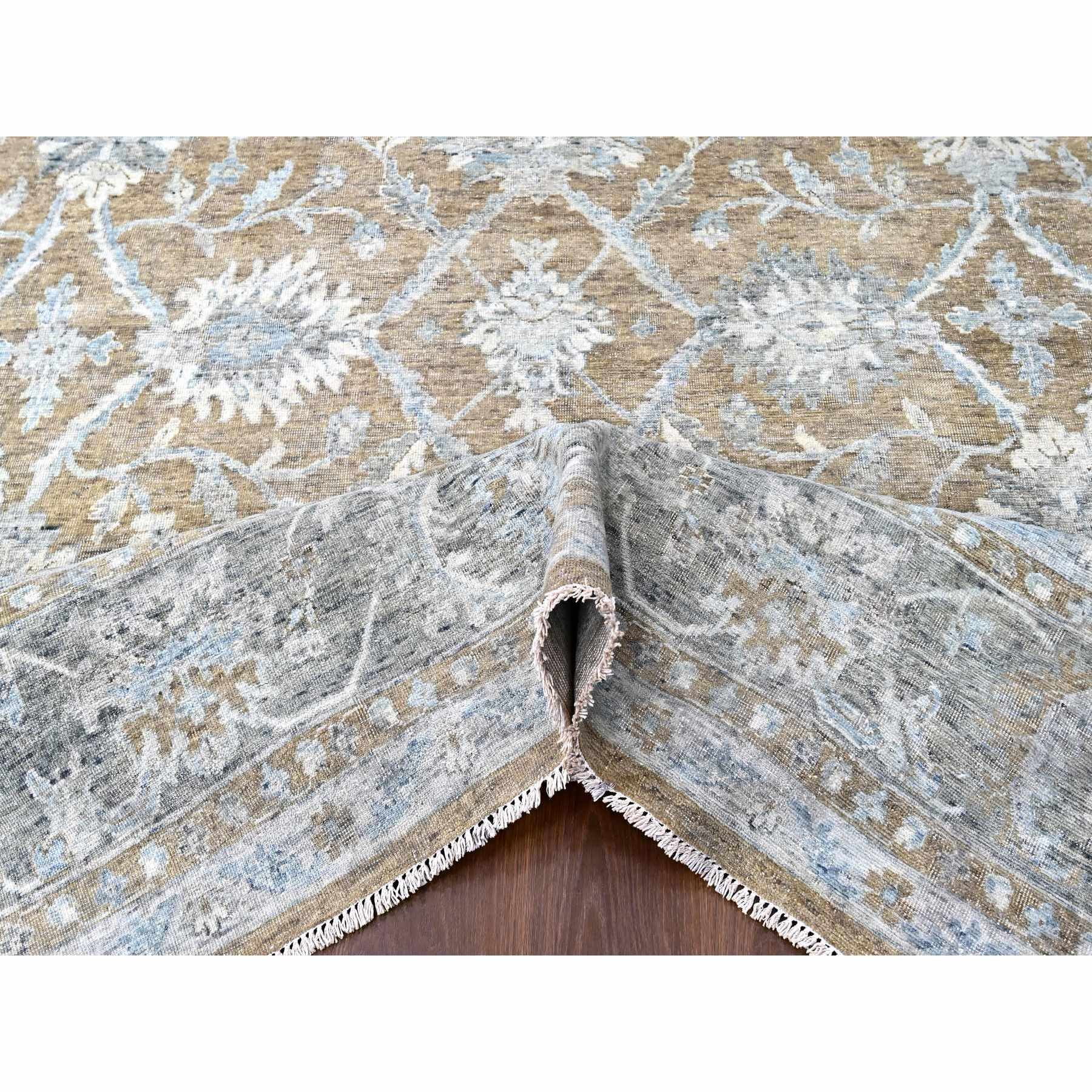 10'1"x14' Almond Brown, Antiqued Persian with Ziegler Mahal Design, Oxidized, Distressed, Zero Pile, Shaved Low, Pure Wool, Hand Knotted, Oriental Rug Sh10227