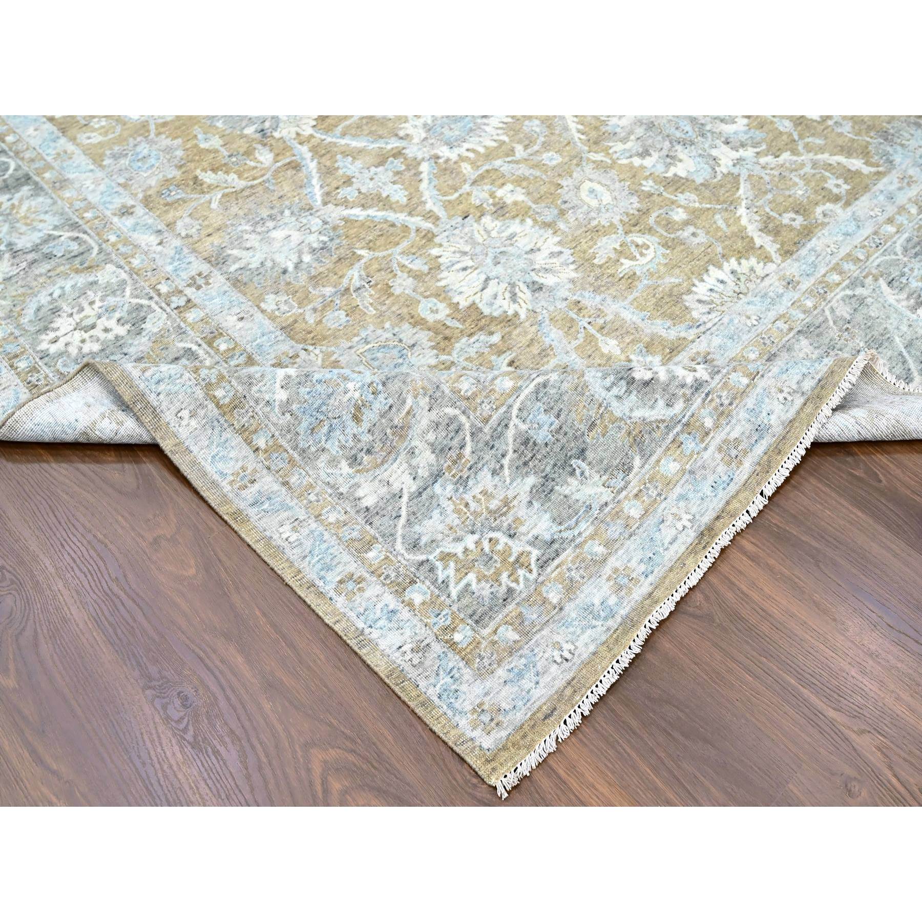 10'1"x14' Almond Brown, Antiqued Persian with Ziegler Mahal Design, Oxidized, Distressed, Zero Pile, Shaved Low, Pure Wool, Hand Knotted, Oriental Rug Sh10227