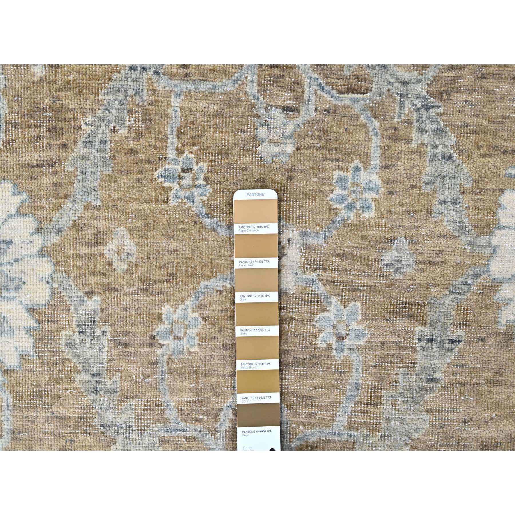 10'1"x14' Almond Brown, Antiqued Persian with Ziegler Mahal Design, Oxidized, Distressed, Zero Pile, Shaved Low, Pure Wool, Hand Knotted, Oriental Rug Sh10227