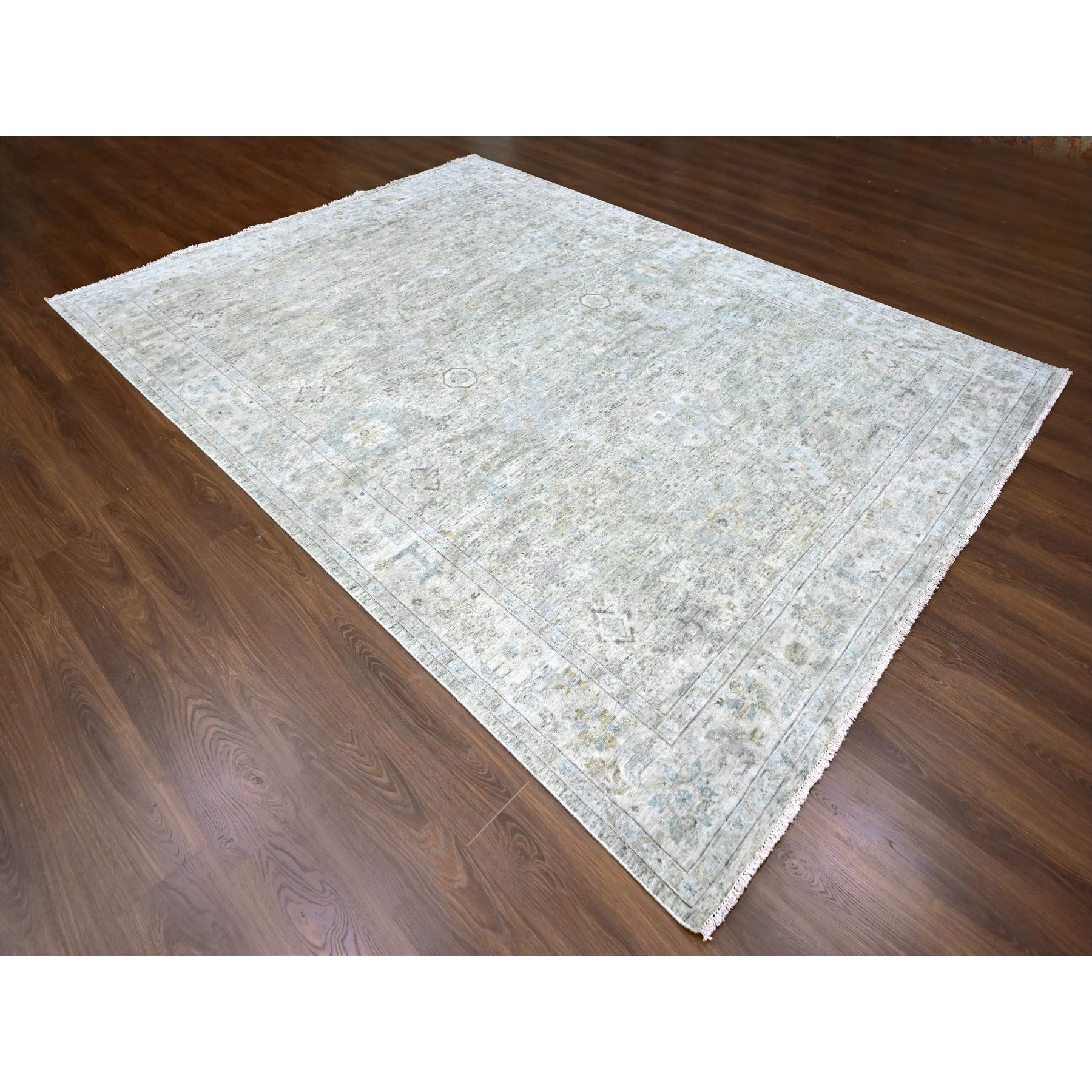 9'x11'10" Greenish Gray, Distressed, Antiqued Persian with Ziegler Mahal Design, Oxidized, Zero Pile, Shaved Low, 100% Wool, Hand Knotted, Oriental Rug Sh10228