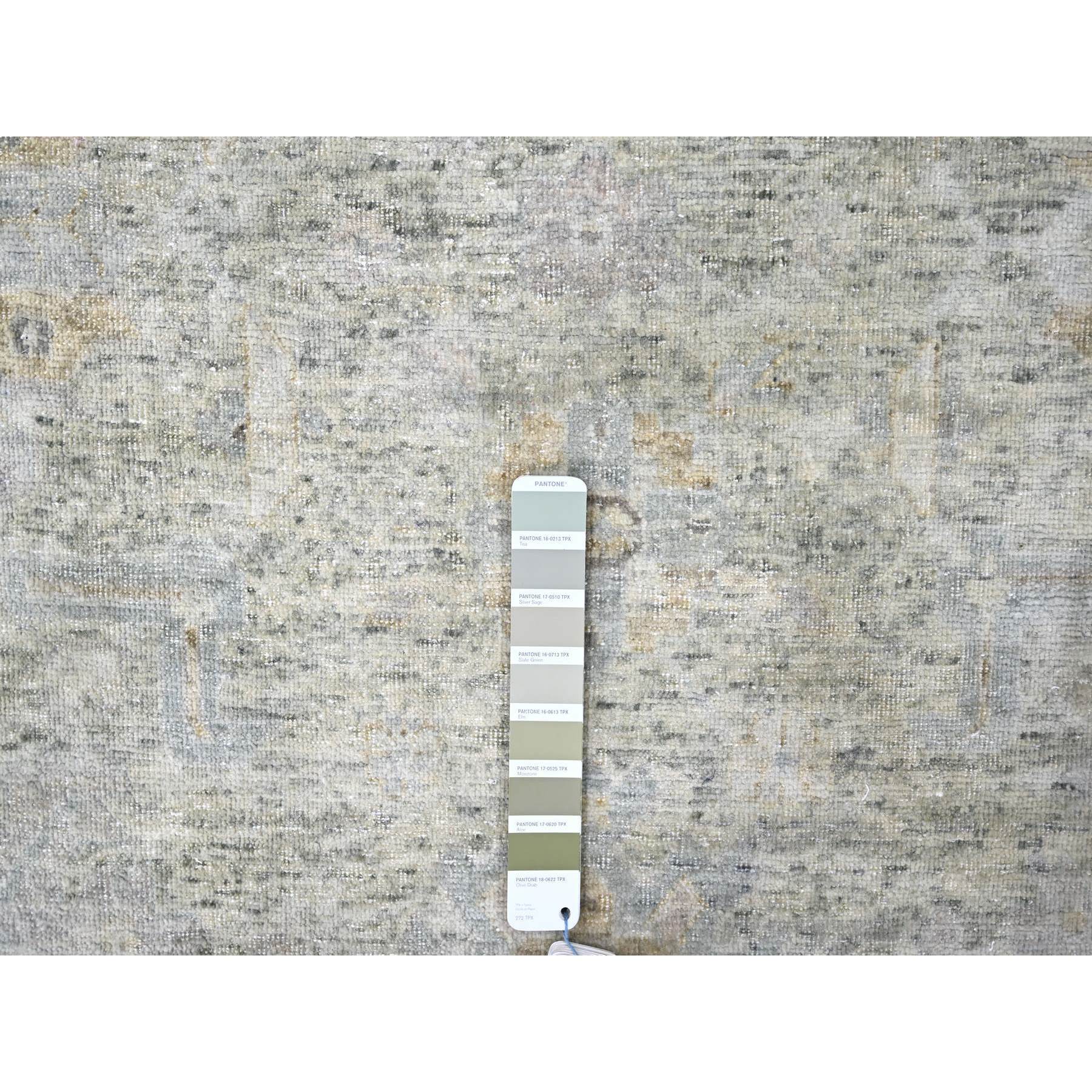 9'x11'10" Greenish Gray, Distressed, Antiqued Persian with Ziegler Mahal Design, Oxidized, Zero Pile, Shaved Low, 100% Wool, Hand Knotted, Oriental Rug Sh10228