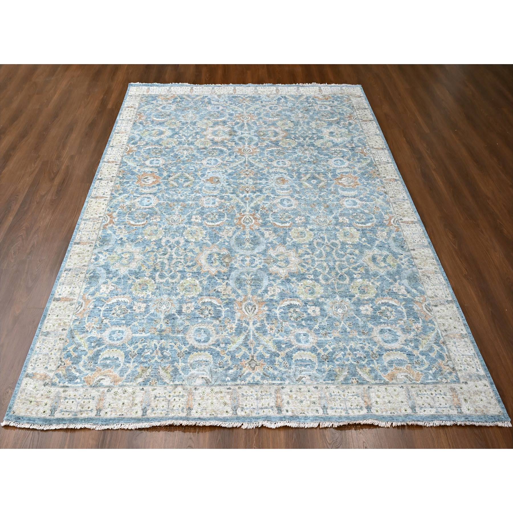 9'x12' Carolina Blue, Pure Wool, Antiqued Persian with Ziegler Mahal Design, Oxidized, Distressed, Zero Pile, Shaved Low, Hand Knotted, Oriental Rug Sh10229