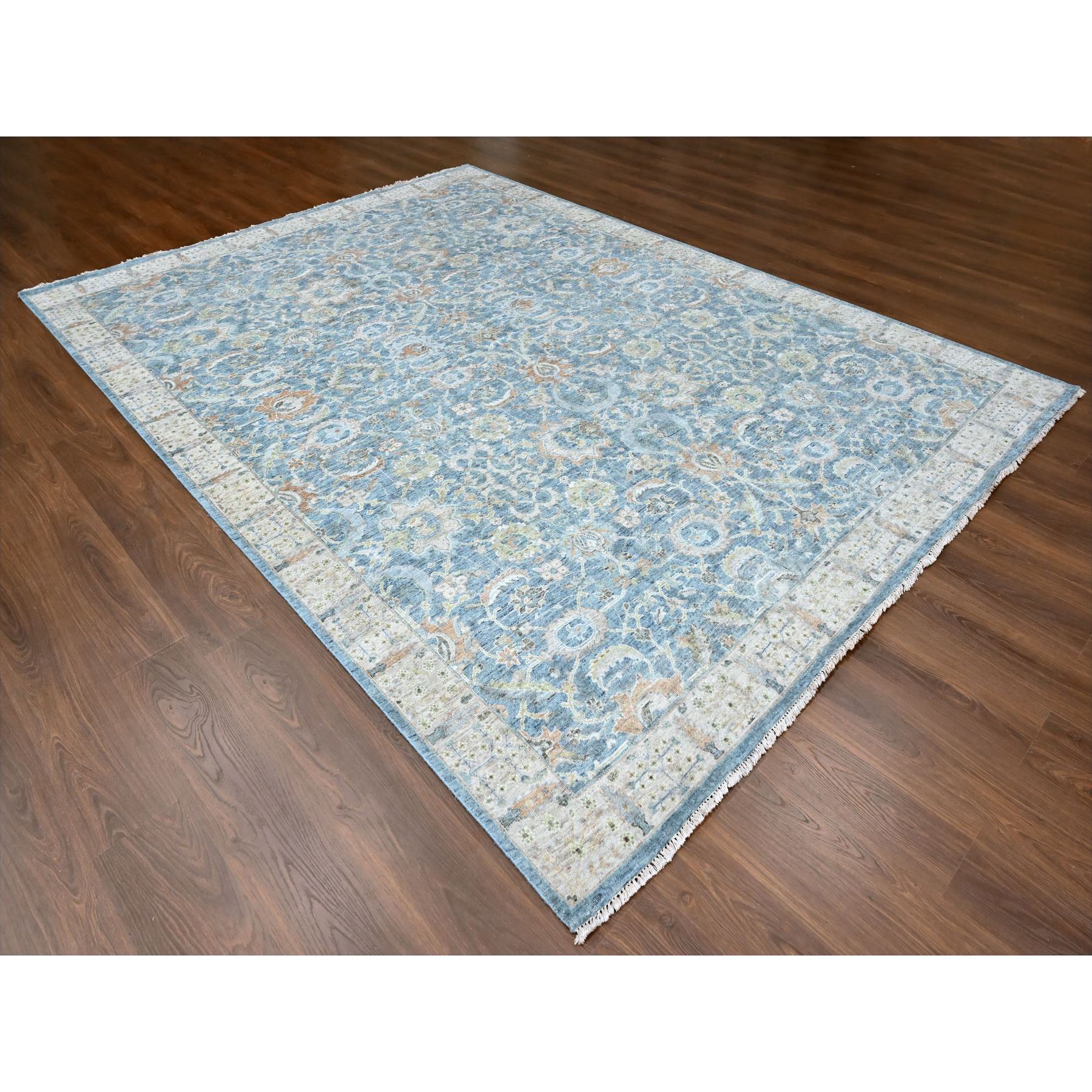 9'x12' Carolina Blue, Pure Wool, Antiqued Persian with Ziegler Mahal Design, Oxidized, Distressed, Zero Pile, Shaved Low, Hand Knotted, Oriental Rug Sh10229