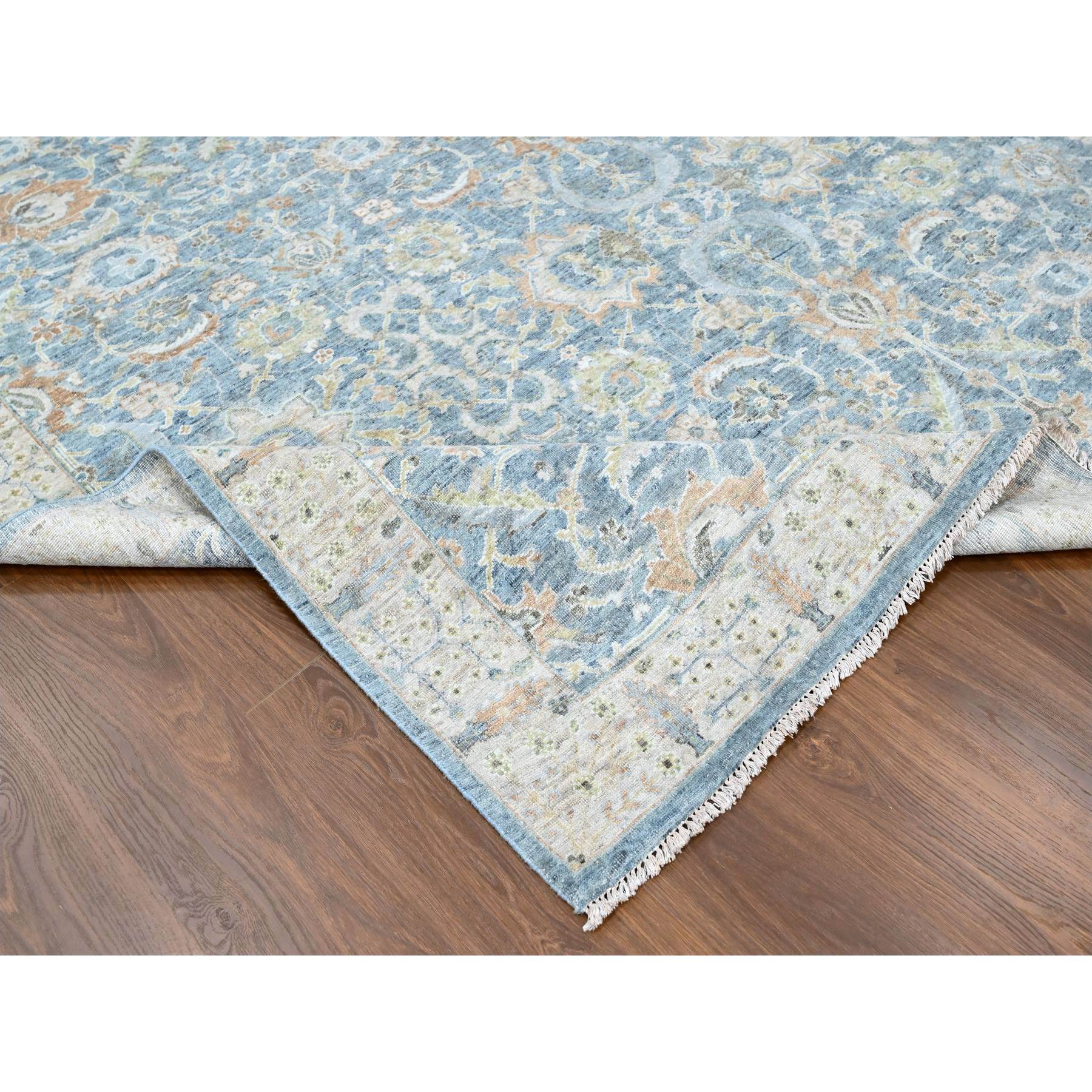 9'x12' Carolina Blue, Pure Wool, Antiqued Persian with Ziegler Mahal Design, Oxidized, Distressed, Zero Pile, Shaved Low, Hand Knotted, Oriental Rug Sh10229