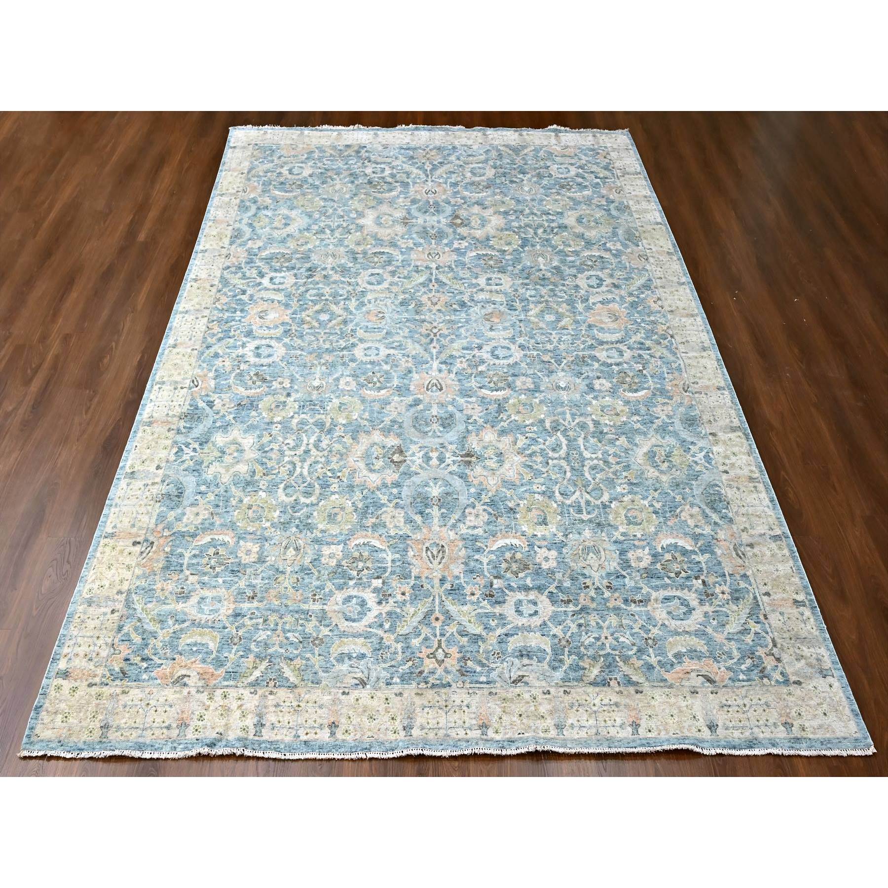 9'10"x14' Ruddy Blue, Hand Knotted, Distressed, Antiqued Persian with Ziegler Mahal Design, Oxidized, Zero Pile, Shaved Low, Pure Wool, Oriental Rug Sh10230