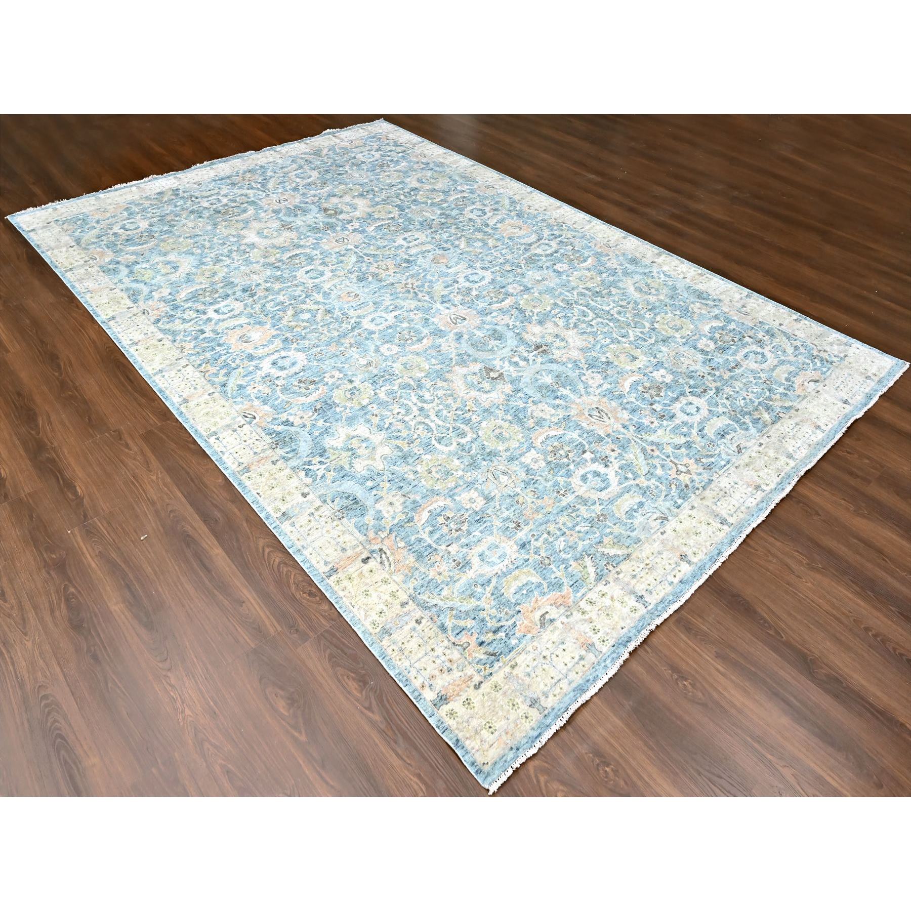 9'10"x14' Ruddy Blue, Hand Knotted, Distressed, Antiqued Persian with Ziegler Mahal Design, Oxidized, Zero Pile, Shaved Low, Pure Wool, Oriental Rug Sh10230