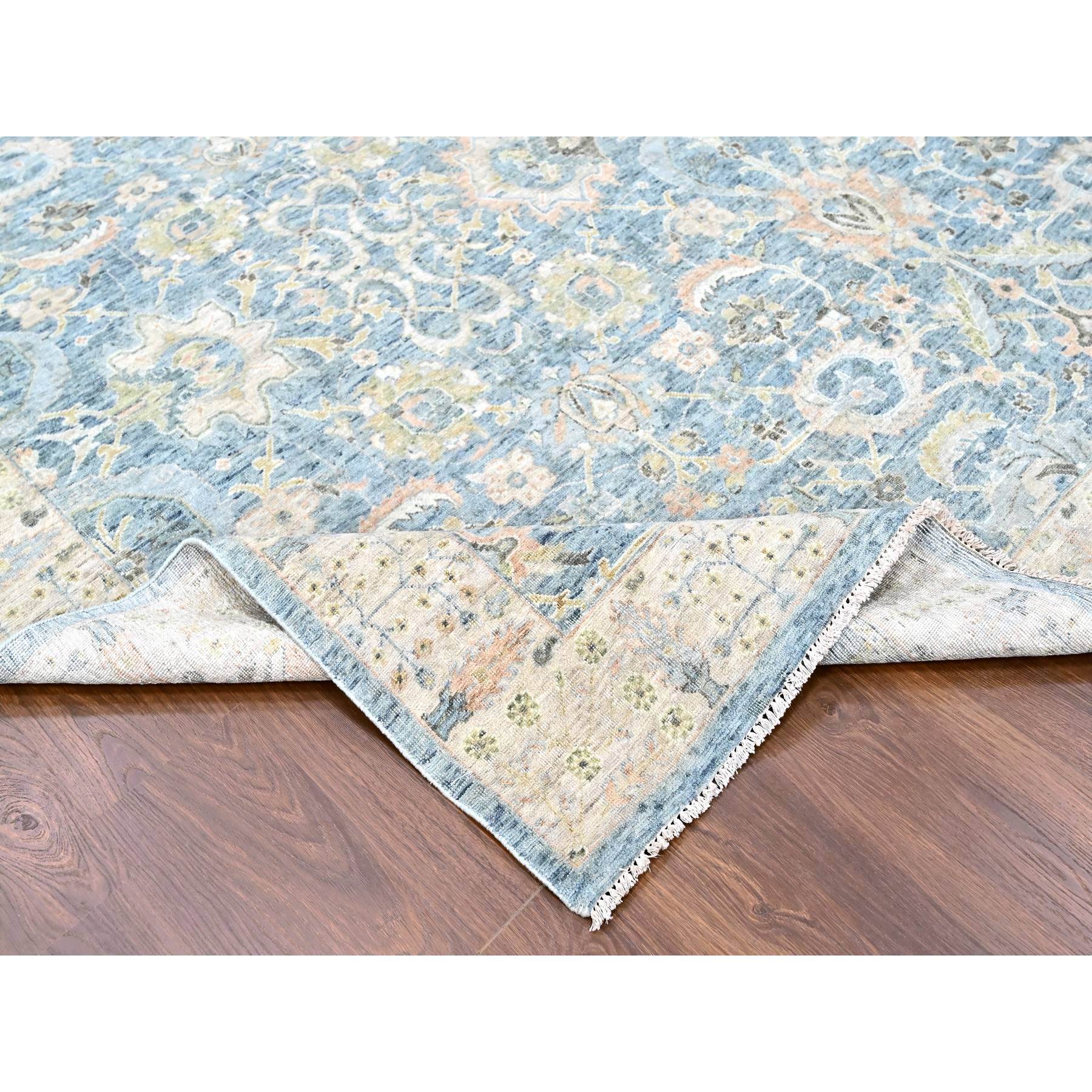 9'10"x14' Ruddy Blue, Hand Knotted, Distressed, Antiqued Persian with Ziegler Mahal Design, Oxidized, Zero Pile, Shaved Low, Pure Wool, Oriental Rug Sh10230