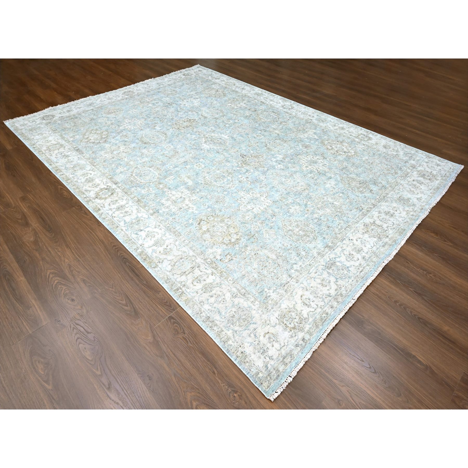 9'x12'1" Spanish Gray, Antiqued Persian with Ziegler Mahal Design, Oxidized, Zero Pile, Distressed, Shaved Low, 100% Wool, Hand Knotted, Oriental Rug Sh10231