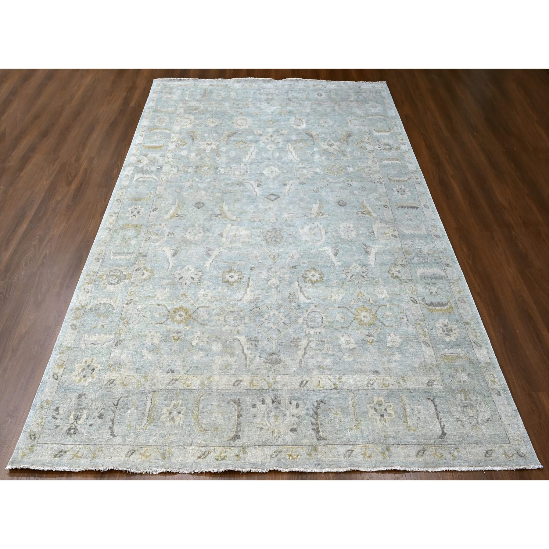 9'x12'2" Misty Gray, Distressed, Antiqued Persian with Ziegler Mahal Design, Oxidized, Zero Pile, Shaved Low, Pure Wool, Hand Knotted, Oriental Rug Sh10232