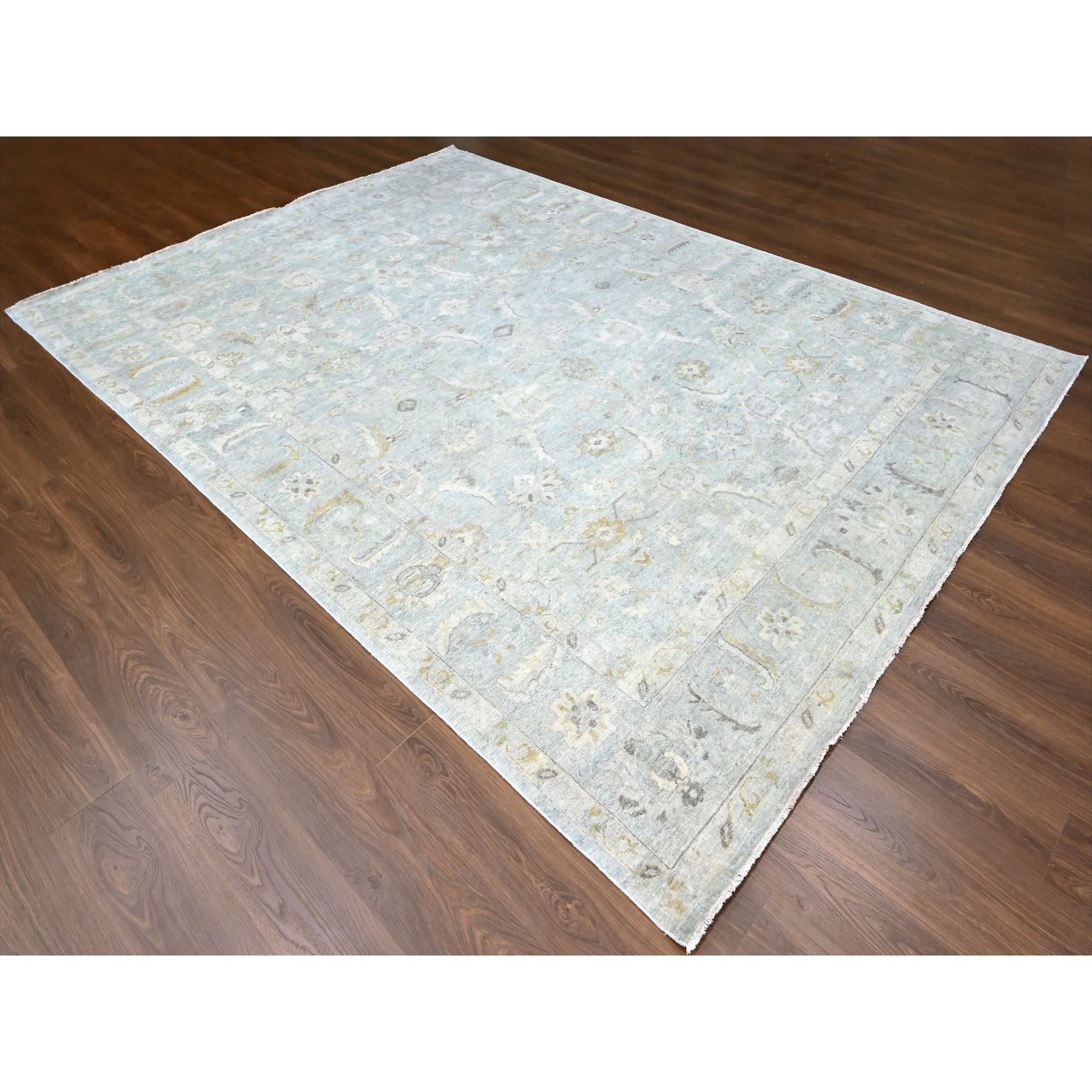 9'x12'2" Misty Gray, Distressed, Antiqued Persian with Ziegler Mahal Design, Oxidized, Zero Pile, Shaved Low, Pure Wool, Hand Knotted, Oriental Rug Sh10232