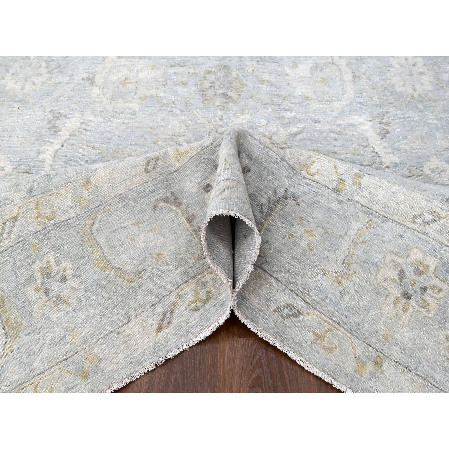 9'x12'2" Misty Gray, Distressed, Antiqued Persian with Ziegler Mahal Design, Oxidized, Zero Pile, Shaved Low, Pure Wool, Hand Knotted, Oriental Rug Sh10232