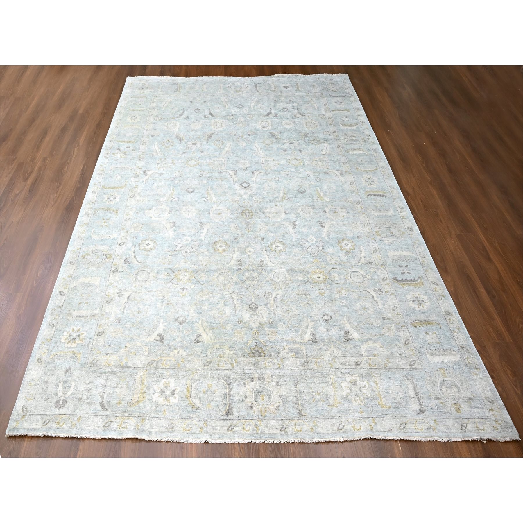 10'x13'10" Medium Gray, Distressed, Antiqued Persian with Ziegler Mahal Design, Oxidized, Zero Pile, Shaved Low, 100% Wool, Hand Knotted, Oriental Rug Sh10233