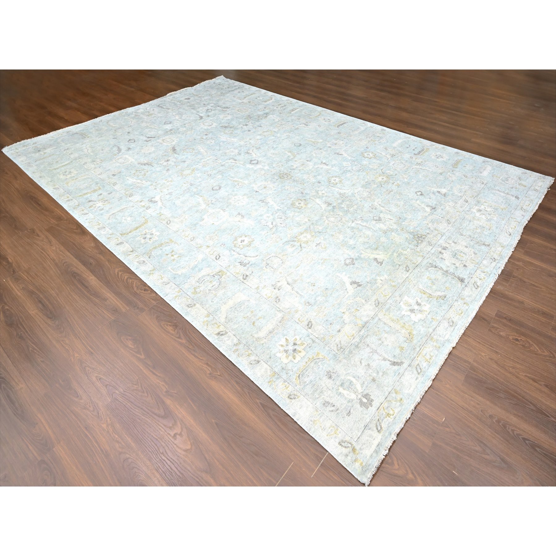 10'x13'10" Medium Gray, Distressed, Antiqued Persian with Ziegler Mahal Design, Oxidized, Zero Pile, Shaved Low, 100% Wool, Hand Knotted, Oriental Rug Sh10233